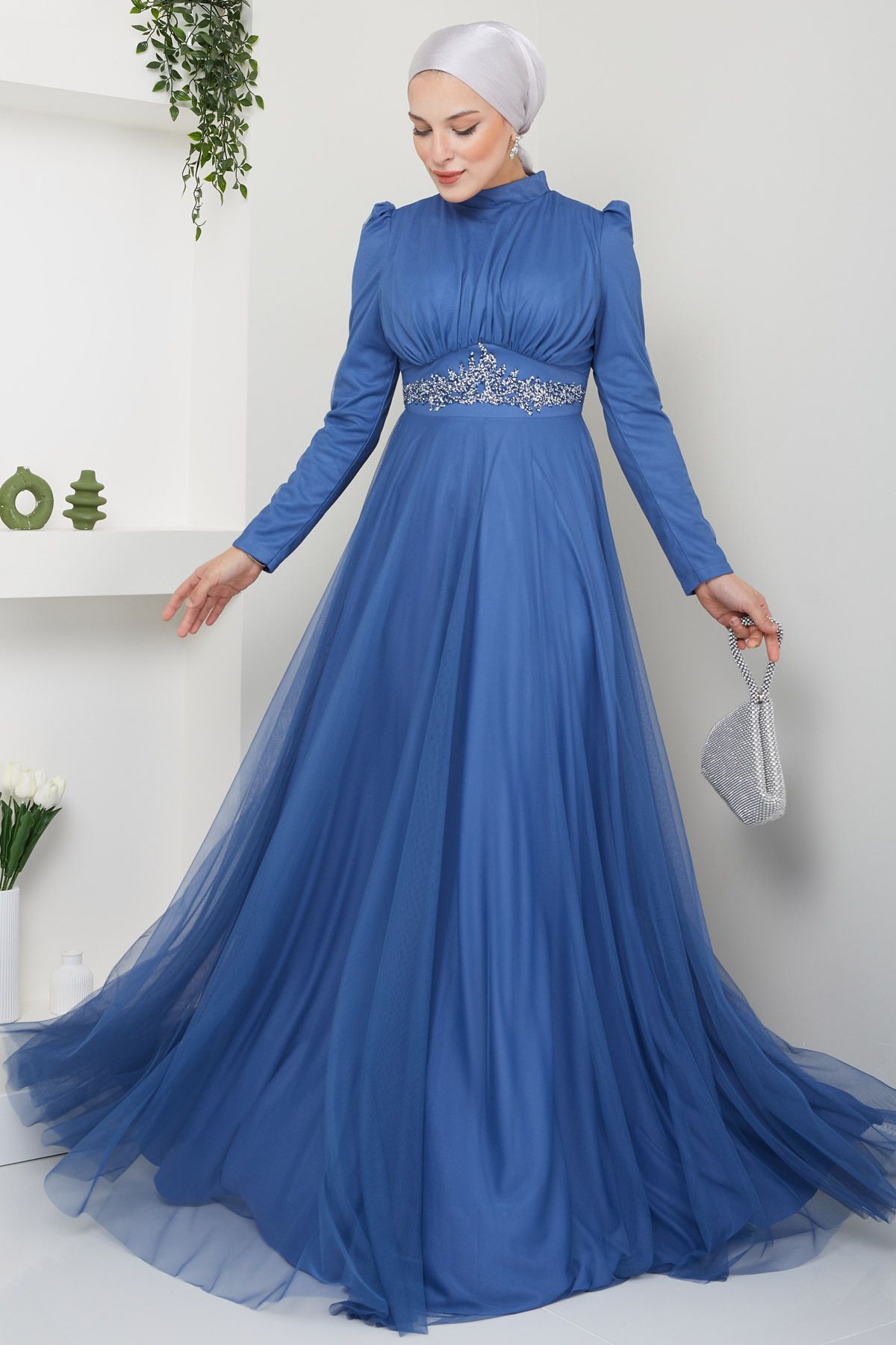 DENİMİNİ Beli Aksesuarlı Tül Tesettür Abiye Elbise DNMES08