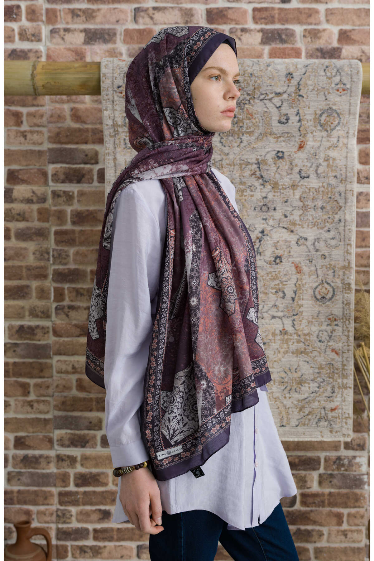 Fatma Atasoy-Glorina Eggplant Purple Ethnic Patterned Shawl 6