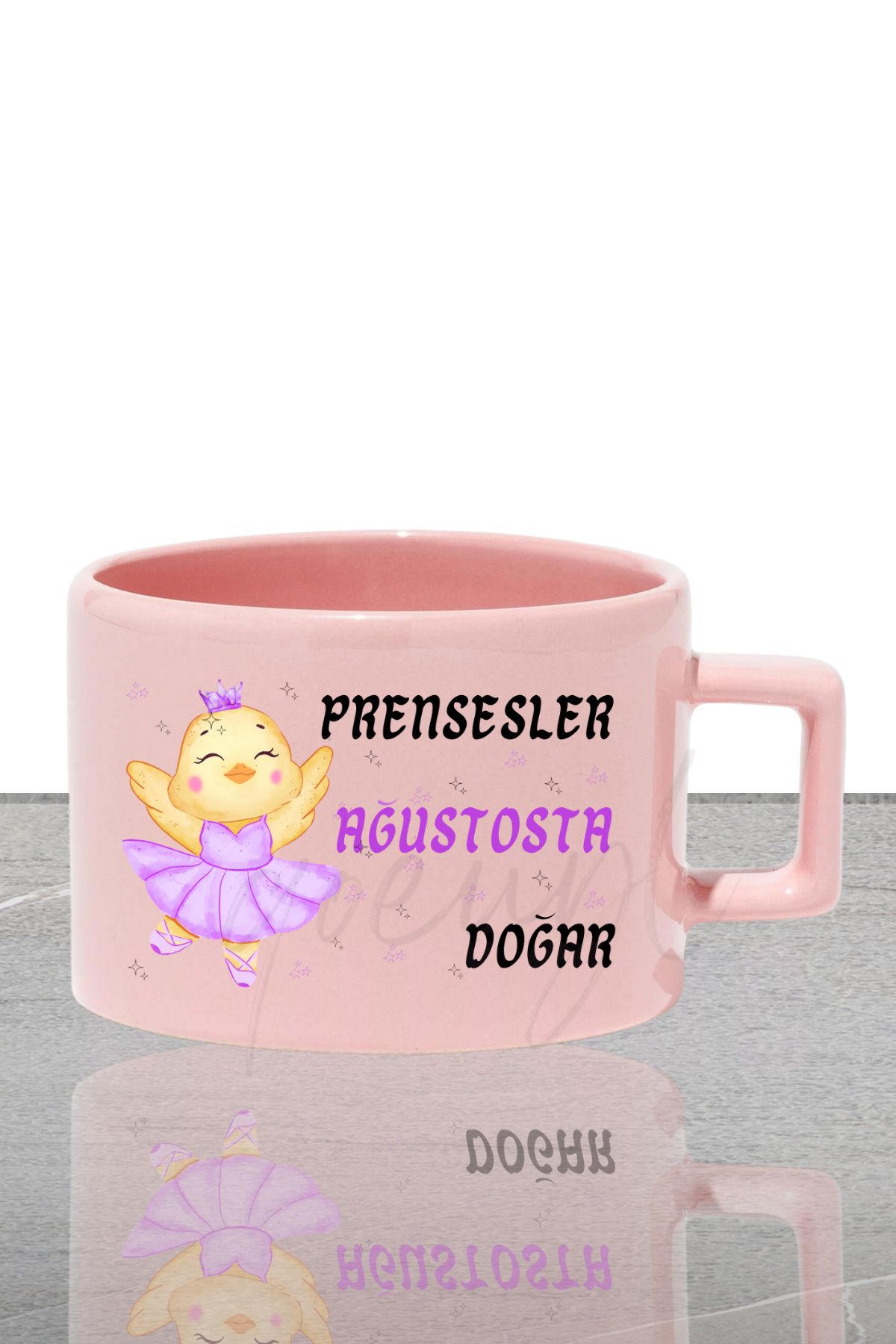 qoeuyl boutique Prensesler Ocakta Doğar Baskılı Hediyelik Dikdörtgen Kulplu Pastel Pembe Fincan / Kupa Bardak