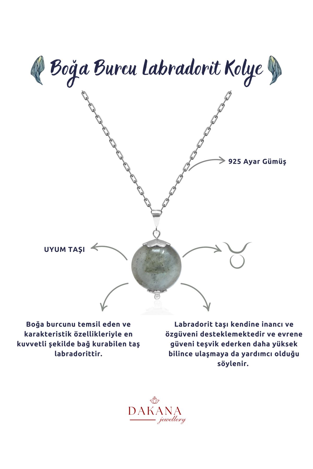 DAKANA JEWELLERY Sertifikalı Labradorit Doğal Taş Boğa Burcu Gümüş Kolye