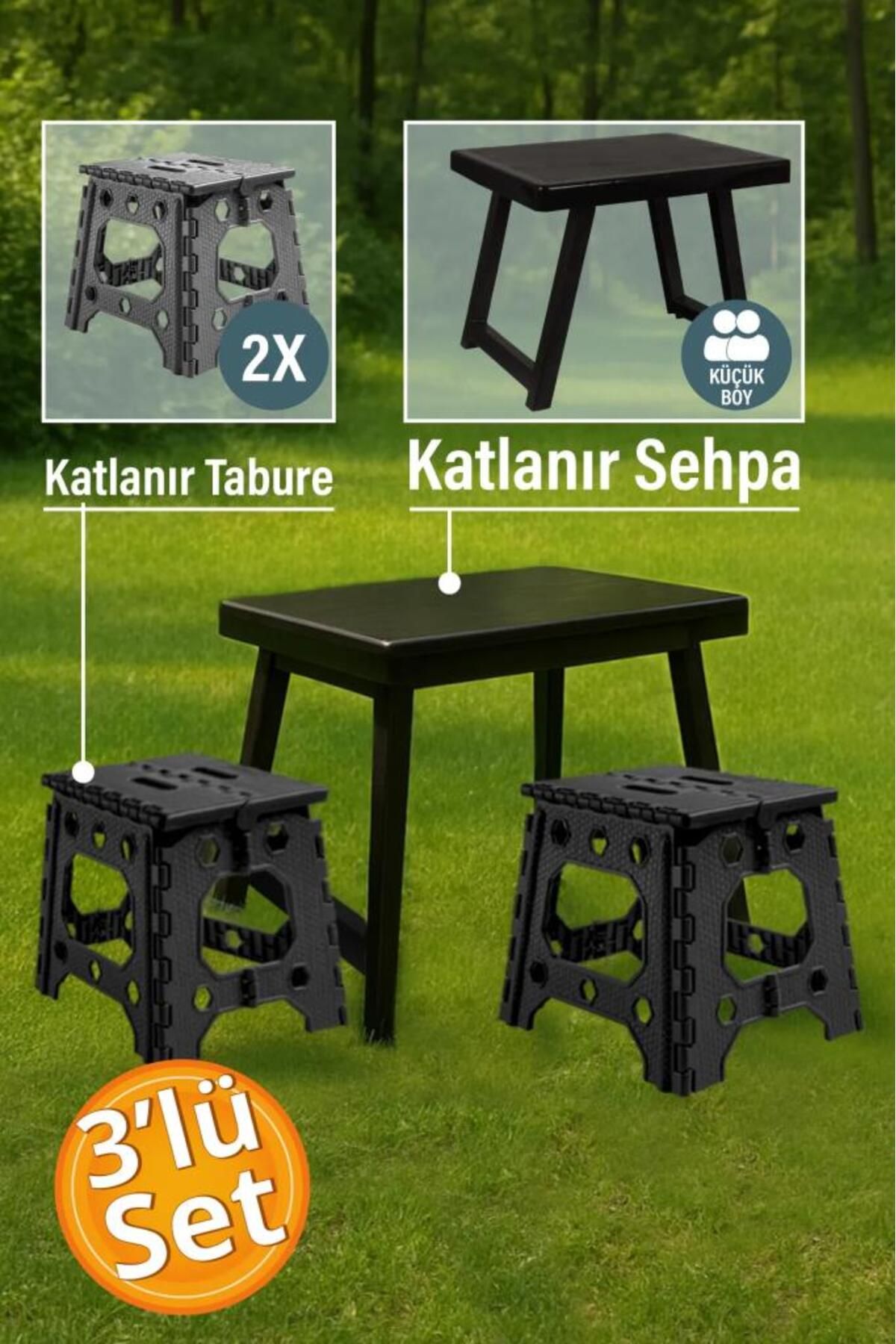 Blooma Katlanabilir Kamp Masası Plastik Sehpa - 2 Adet Katlanır Tabure Siyah