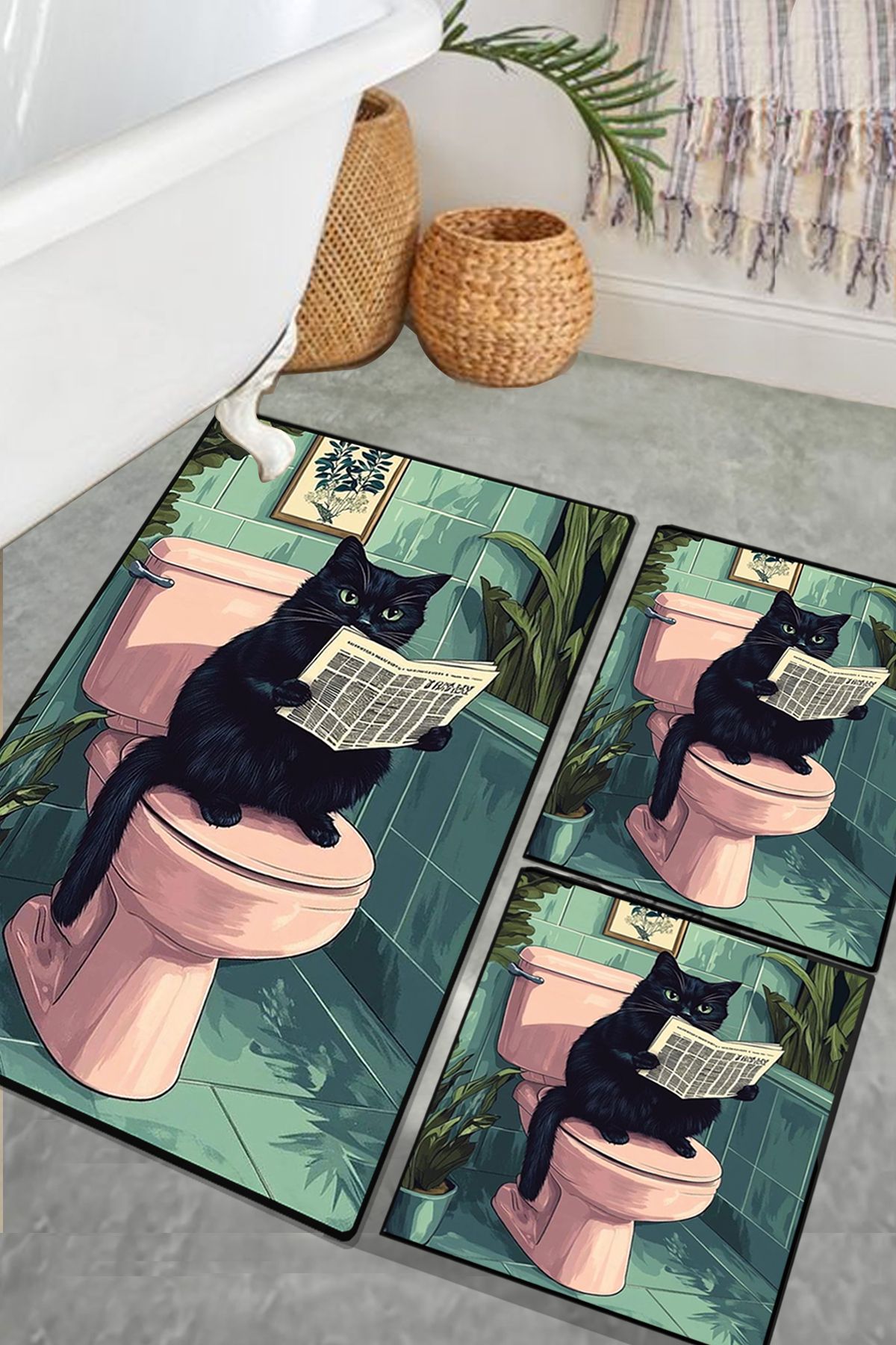 Iromika Home Cats Newspaper 3 Lü Set Banyo Paspası Djt