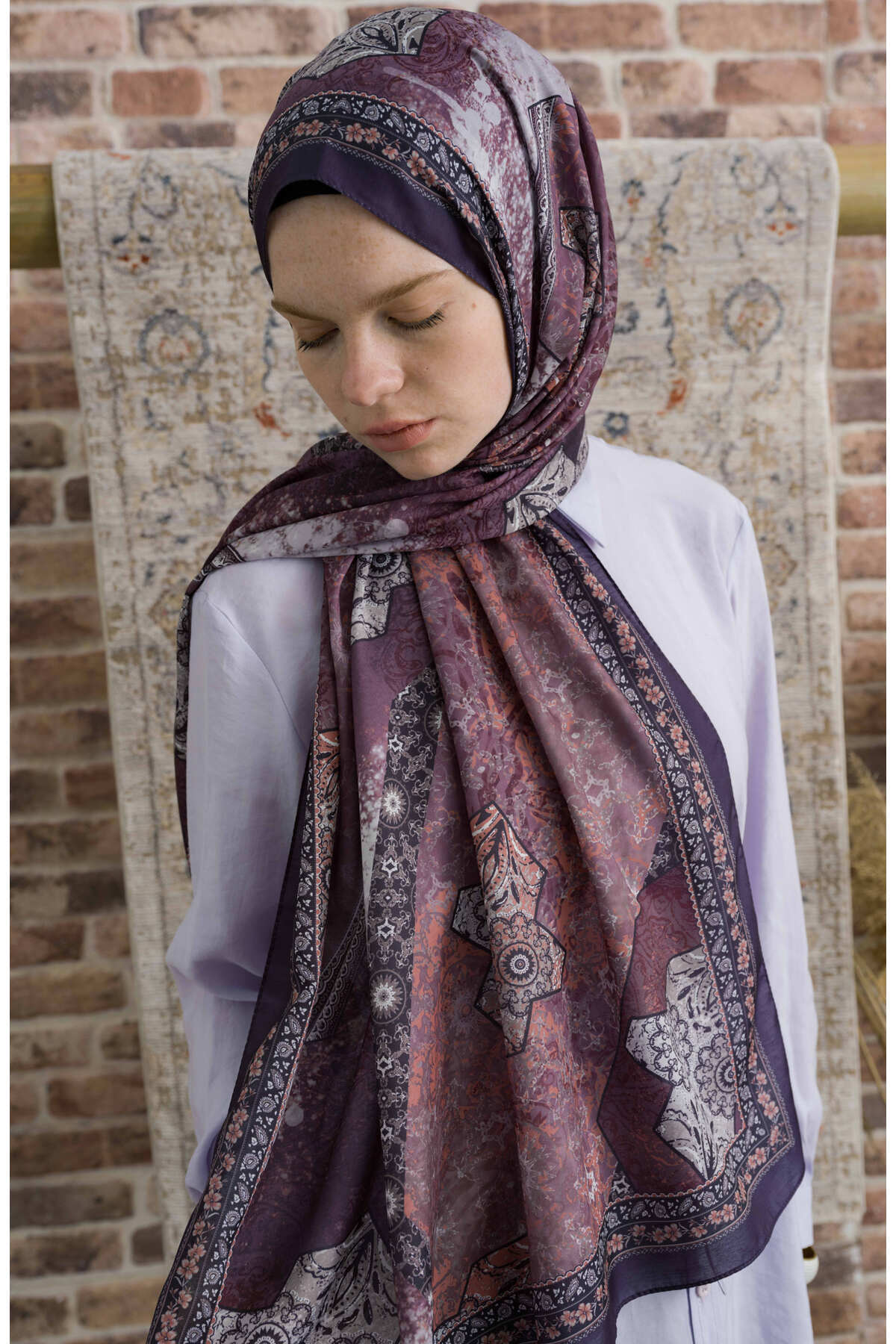 Fatma Atasoy-Glorina Eggplant Purple Ethnic Patterned Shawl 2