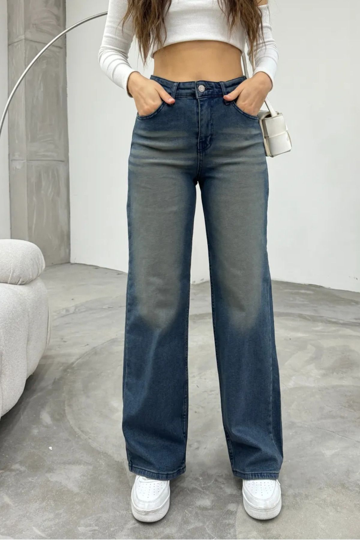 BİKELİFE Kadın Yüksek bel Esnek Soluk Efektli Palazzo Jeans