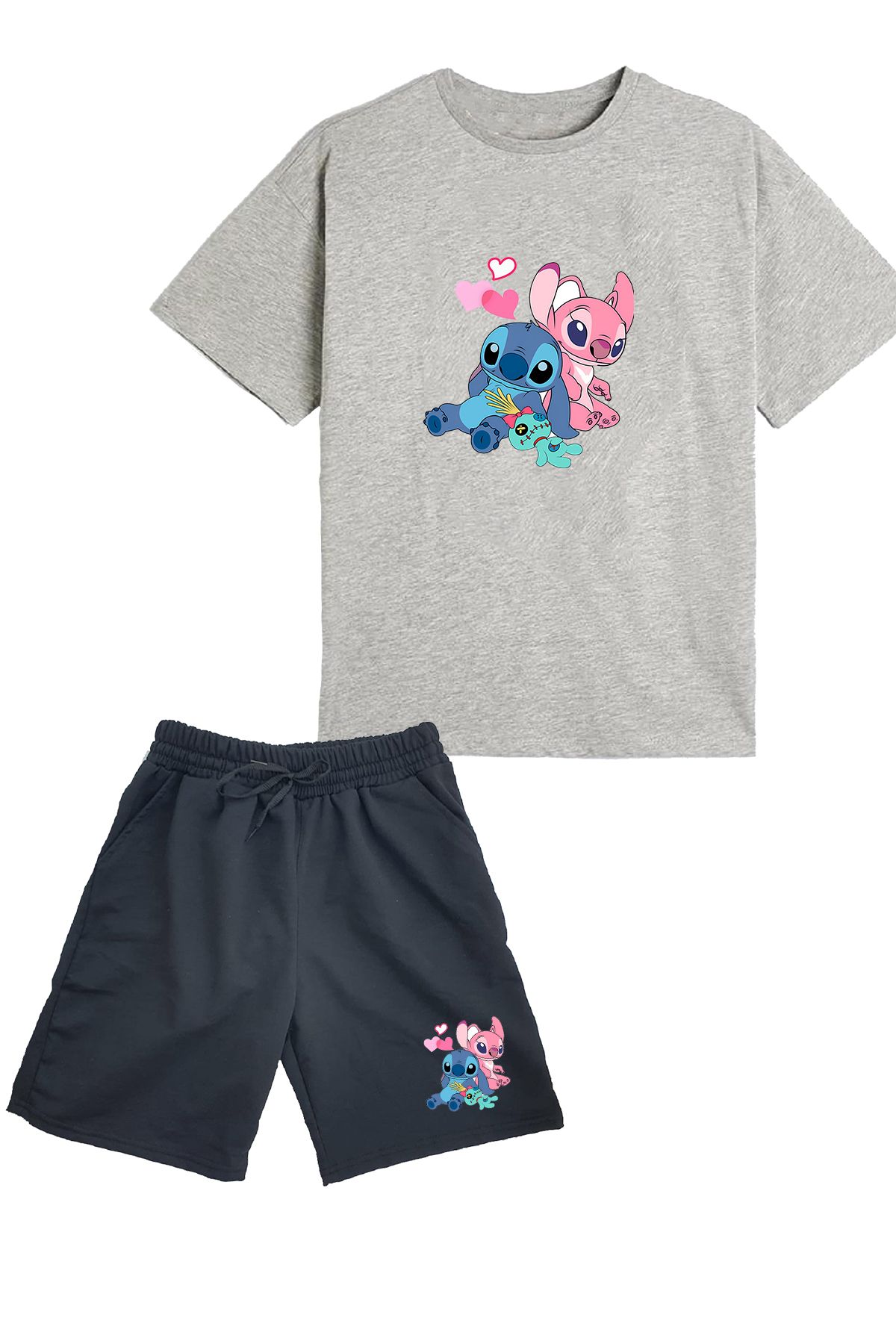 makiteks 2'li Set Baskılı Kız Çocuk Pamuk Şort Tshirt Takım Lilo Stitch 5 6 7 8 9 10 11 12 13 14 yaş Tişört