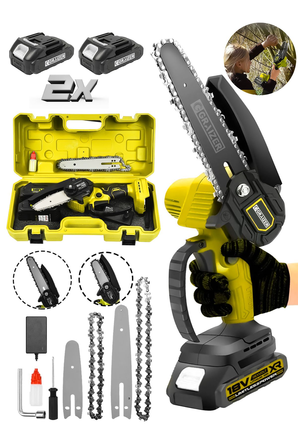 Graizer Powerforge Profesyonel Metal Dişli 18v 1.5ah Şarjlı Dal Budama Testeresi-Sarı