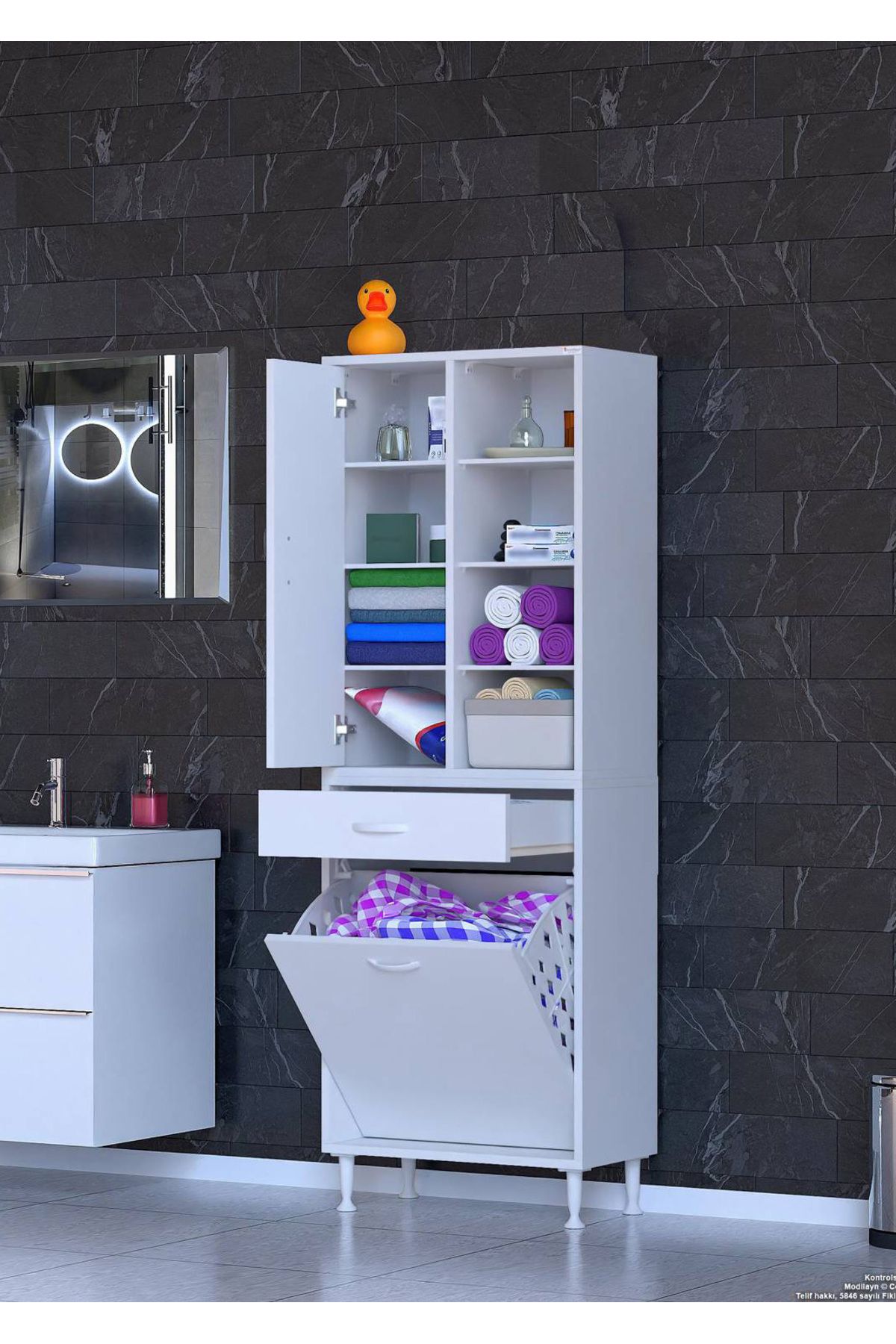 Modilayn 60x173x32,5 cm – 1 Çekmece, 1 Kapak, 1 Sepet Gözlü, 8 Raflı Çok Amaçlı Mutfak Dolabı