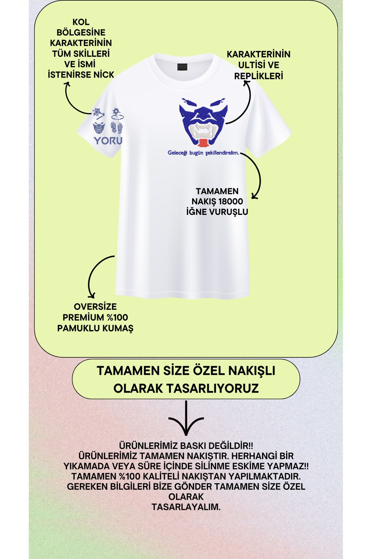 yeswhite Valorant YORU Nakış Tişört – Kişiye Özel Türkçe Replikli Gamer Tasarım