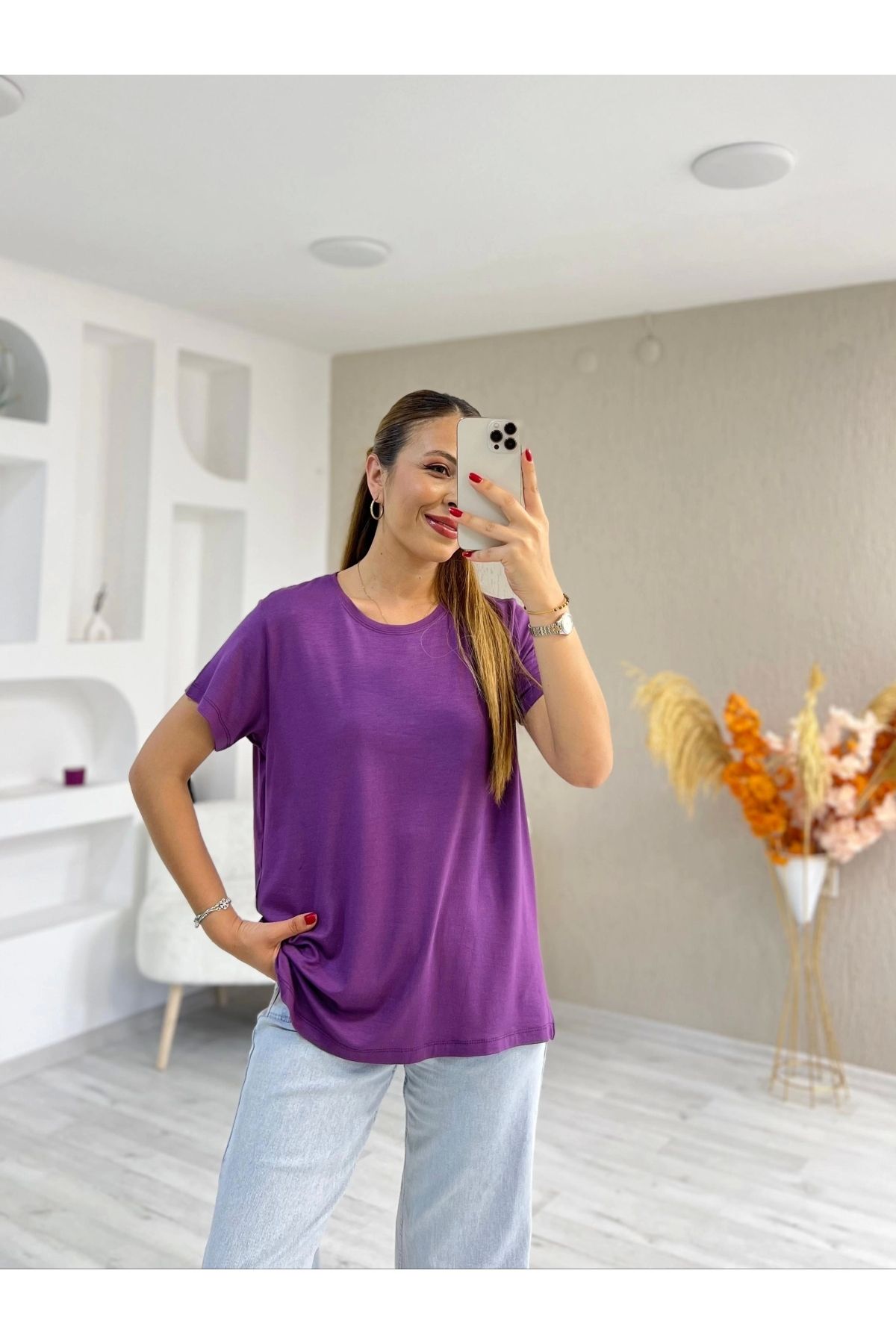 İrka Moda Bisiklet Yaka Viskon Kumaş Basic Tshirt Mor