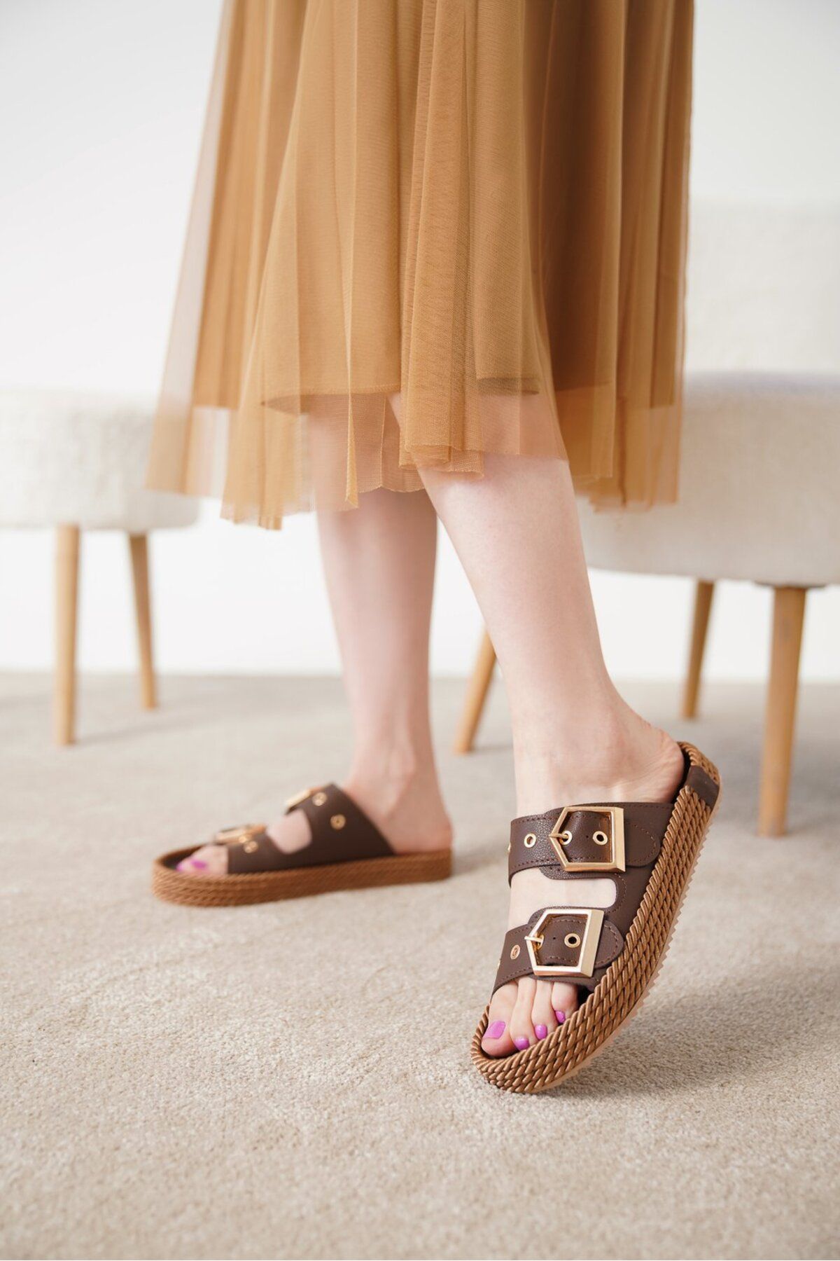 luuq shoes MİLA Çift Tokalı Hasır Detaylı Kadın Terlik