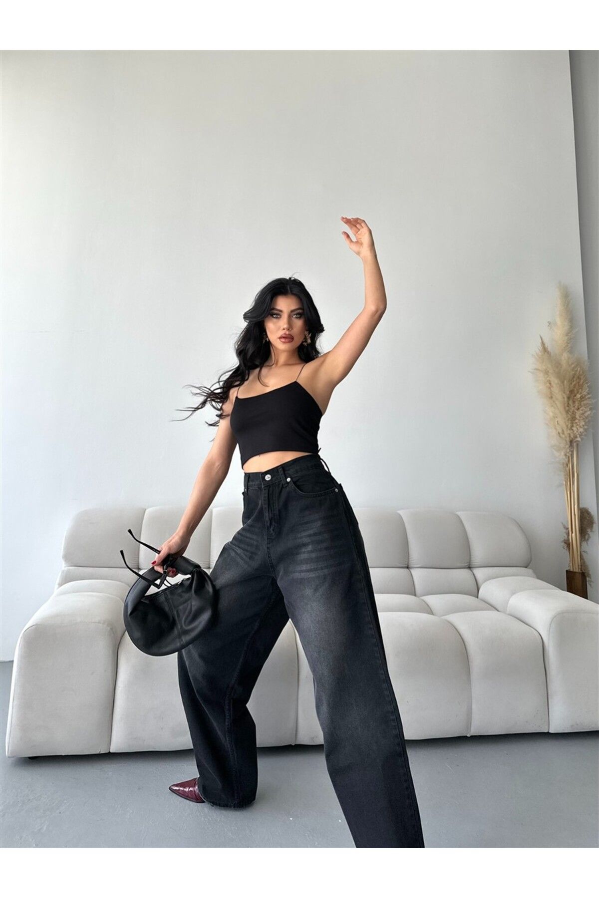 DESTEMODA Kadın Kot Baggy Bol Kesim Bıyık Kimyasal Yıkamalı Pantolon Siyah 4001