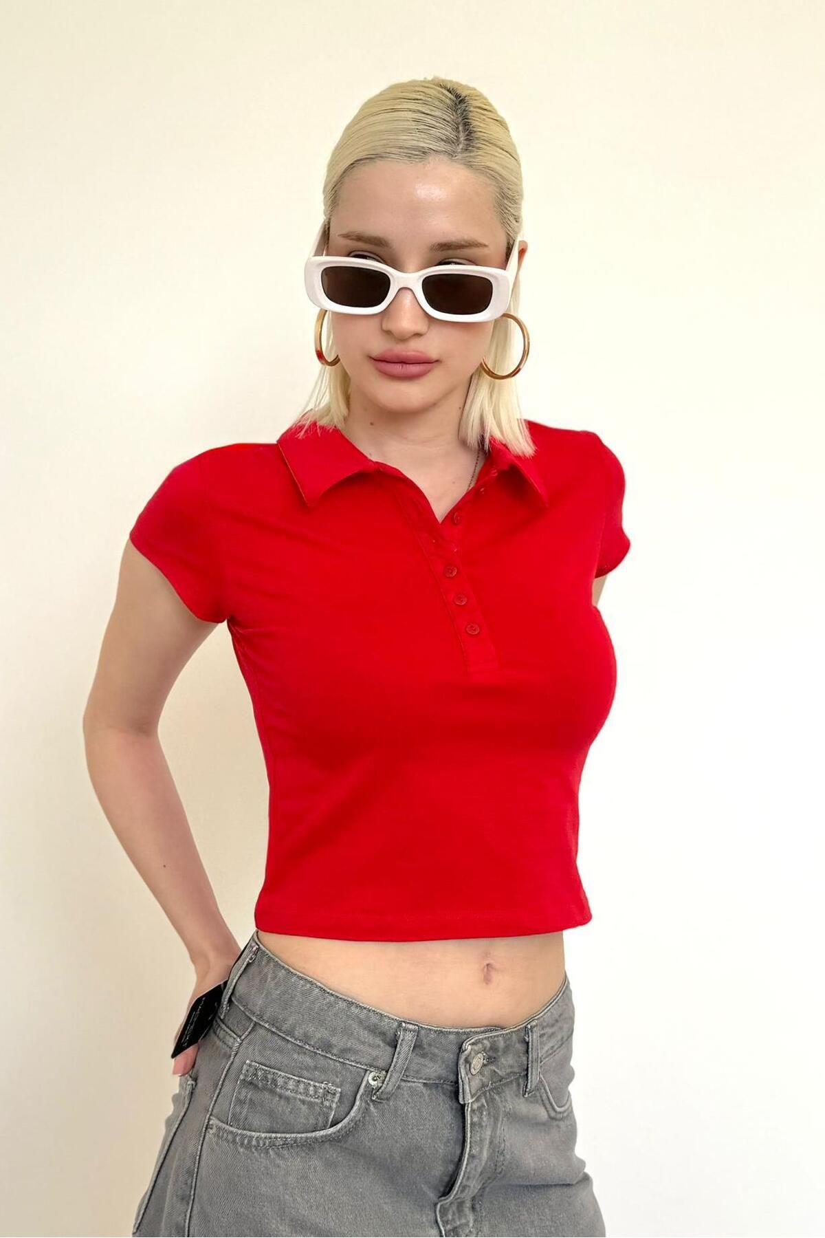 Madmext Kırmızı Polo Yaka Basic Kadın Tişört Mg2455