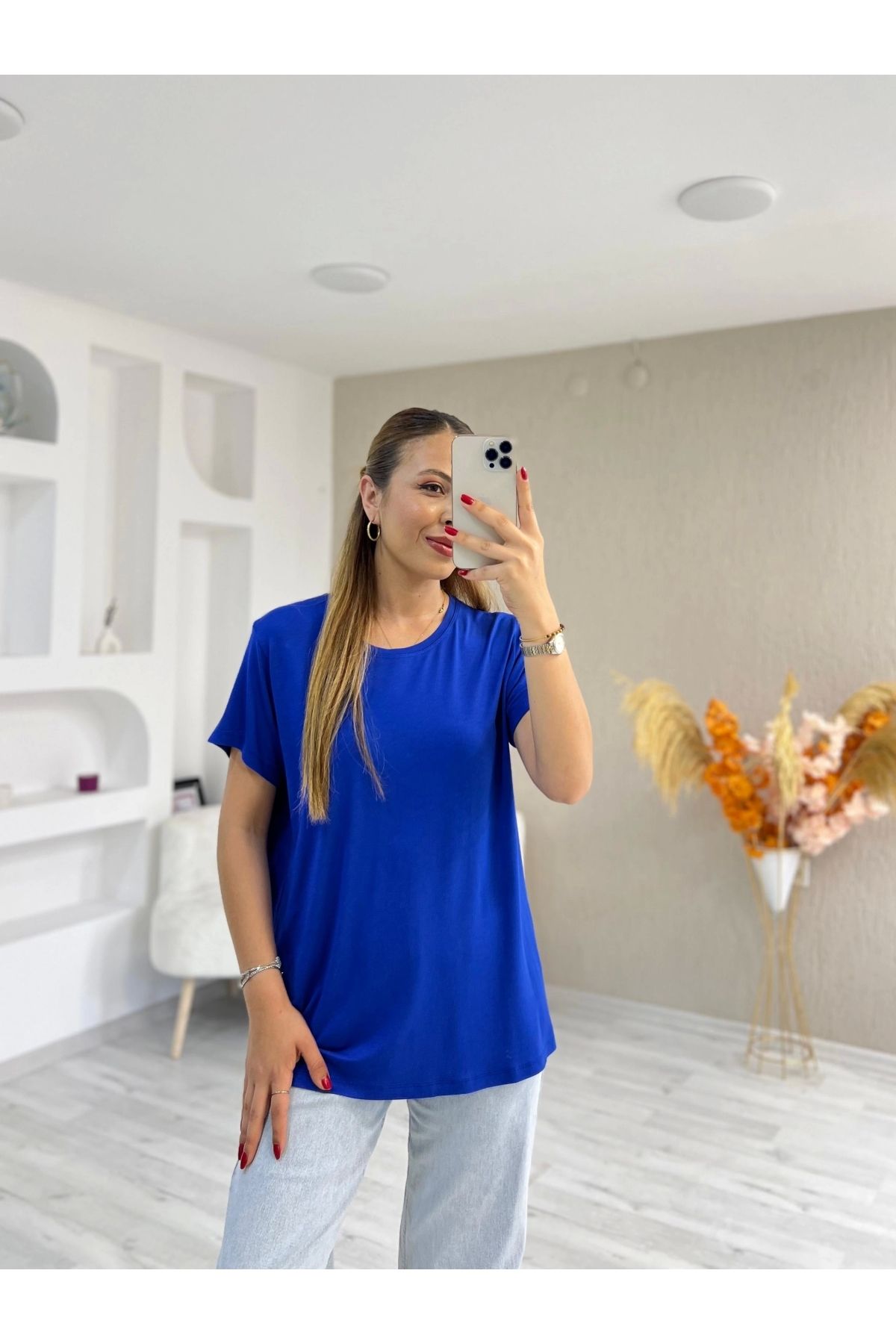 İrka Moda Bisiklet Yaka Viskon Kumaş Basic Tshirt Saks Mavi