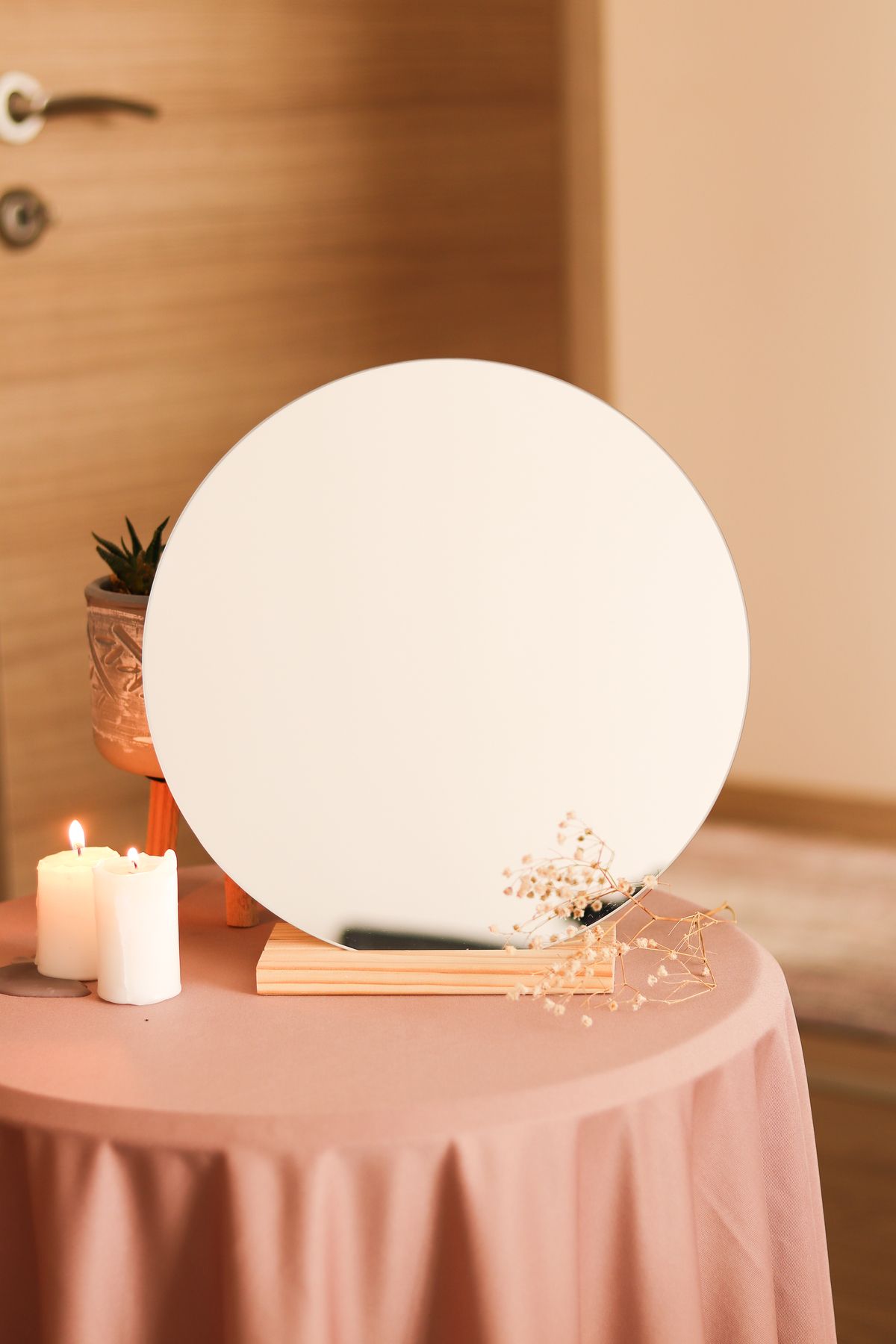 EVCAZIM Yuvarlık Estetik Asimetrik Ahşap Makyaj Aynası Çerçevesiz, Dekoratif Masa Oturma Odası 30 Cm