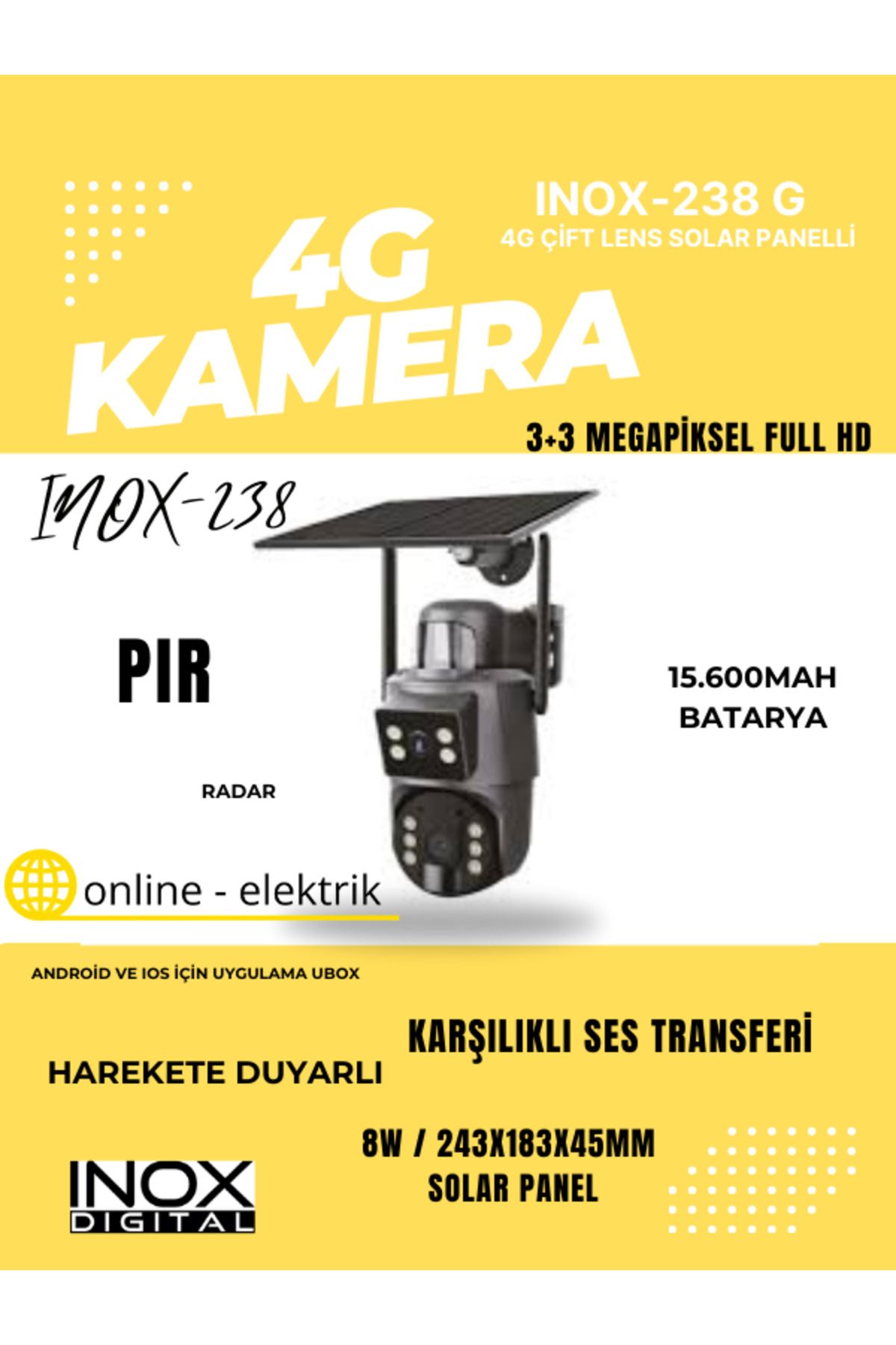 inox KAFE VE MÜSTAKİL EVLERE ÖZEL, INOX-238 4G ÇİFT LENS SOLAR PANELLİ PTZ KAMERA (UBOX)