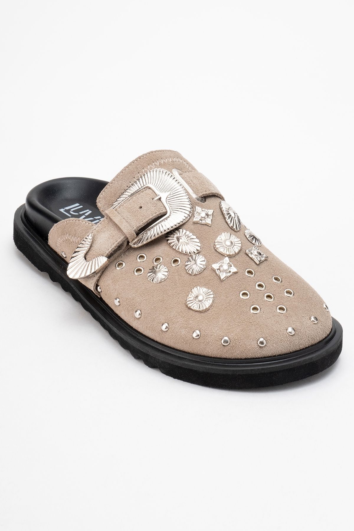 LuviShoes-Γυναικείες παντόφλες MARİL Μπεζ σουέντ από γνήσιο δέρμα με αγκράφα με κλειστή μύτη 3