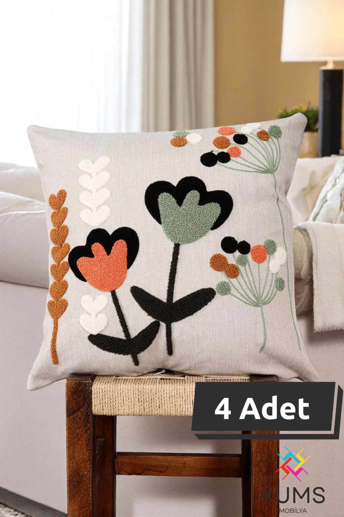 KUMS 4 Adet Kaliteli Nakış Baskılı Kırlent Kılıfı – Sadece Kılıf, 45x45 cm