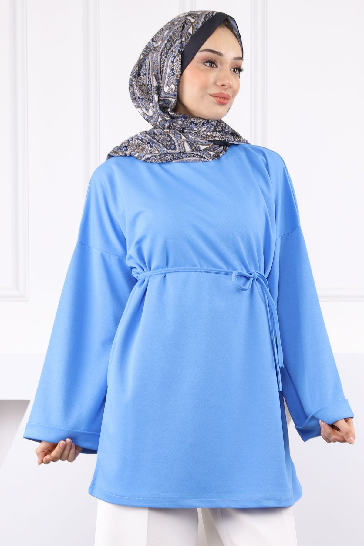 İmajButik Mavi Beli İpli Krep Tunik