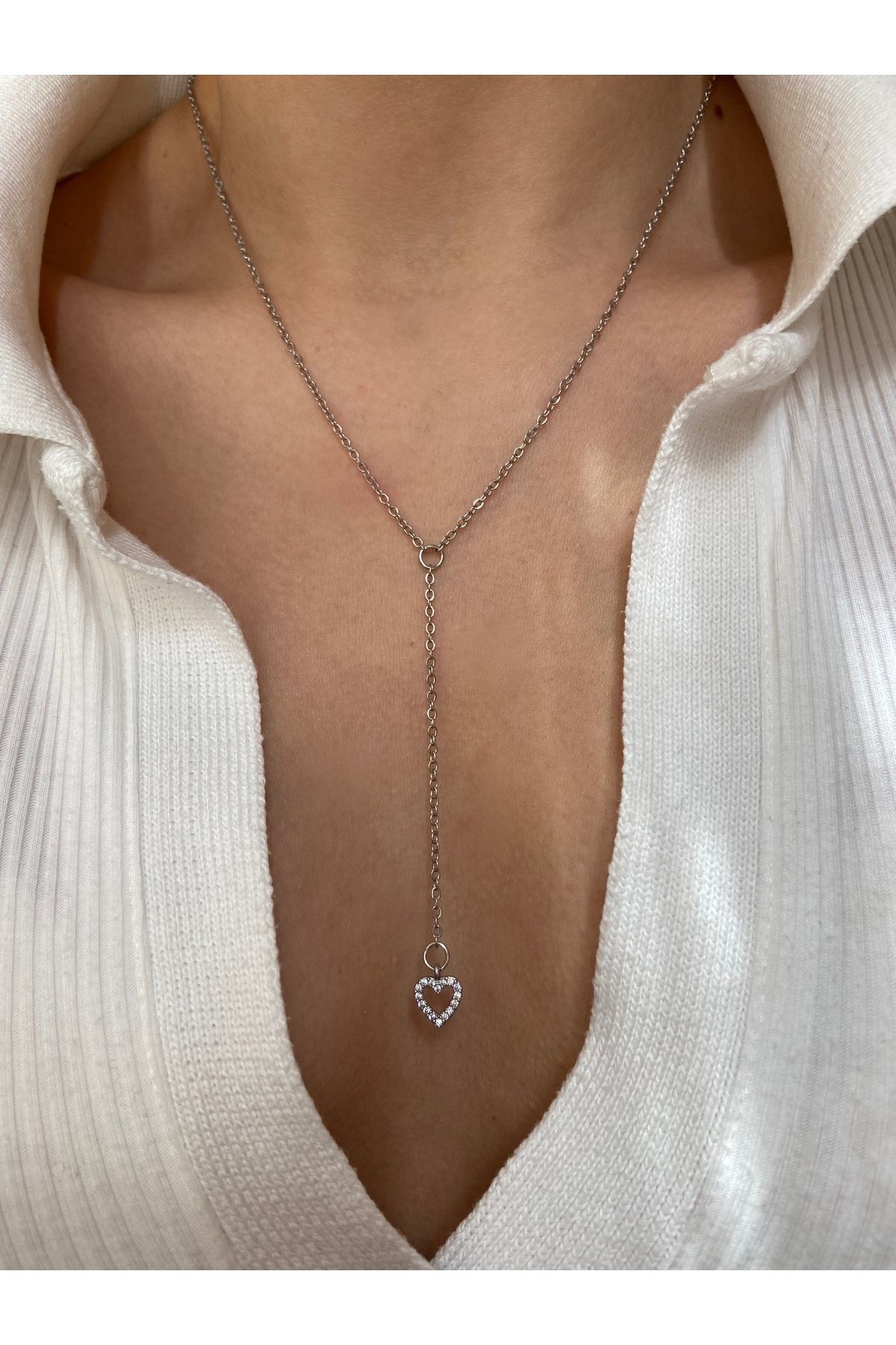 Arsaley Collection Gümüş taşlı kalp charm çelik zincirli y kolye