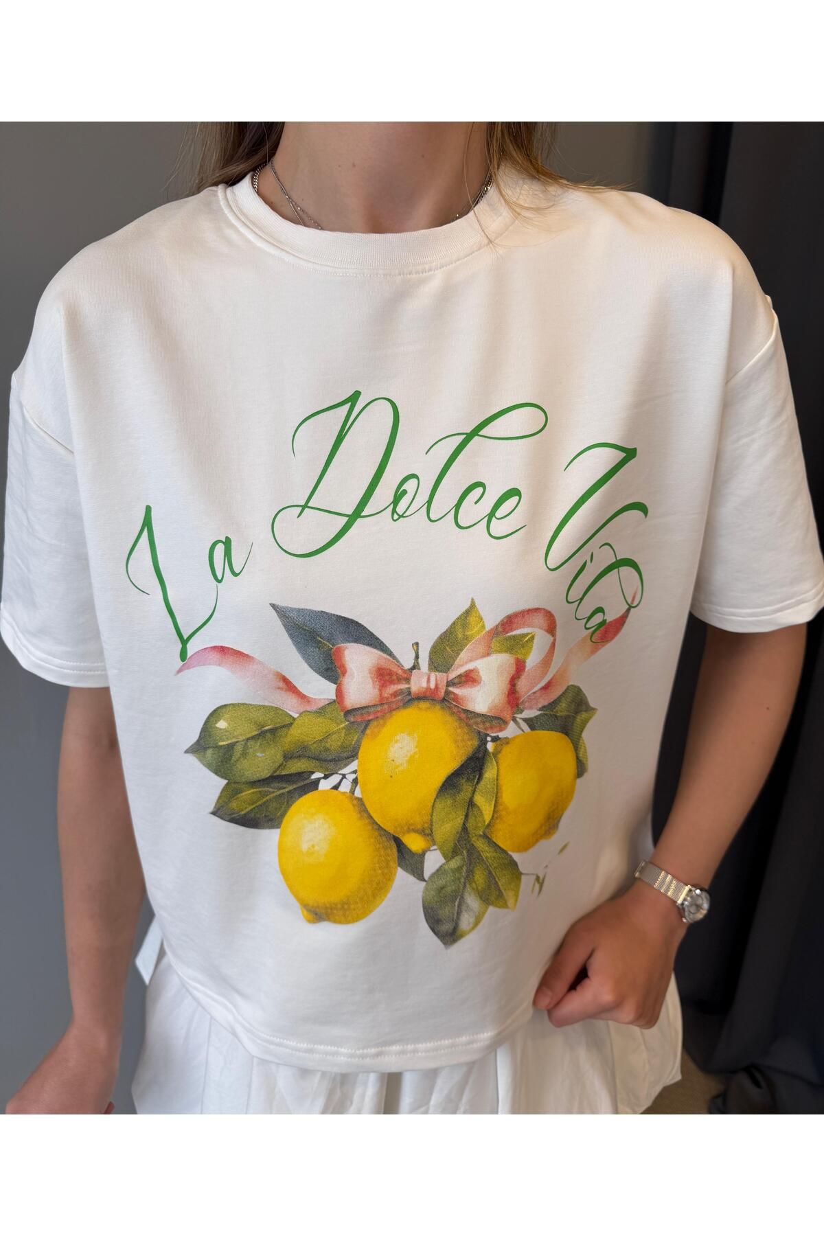 AlisaSu Beyaz Limon Baskılı Pamuklu Örme T-Shirt