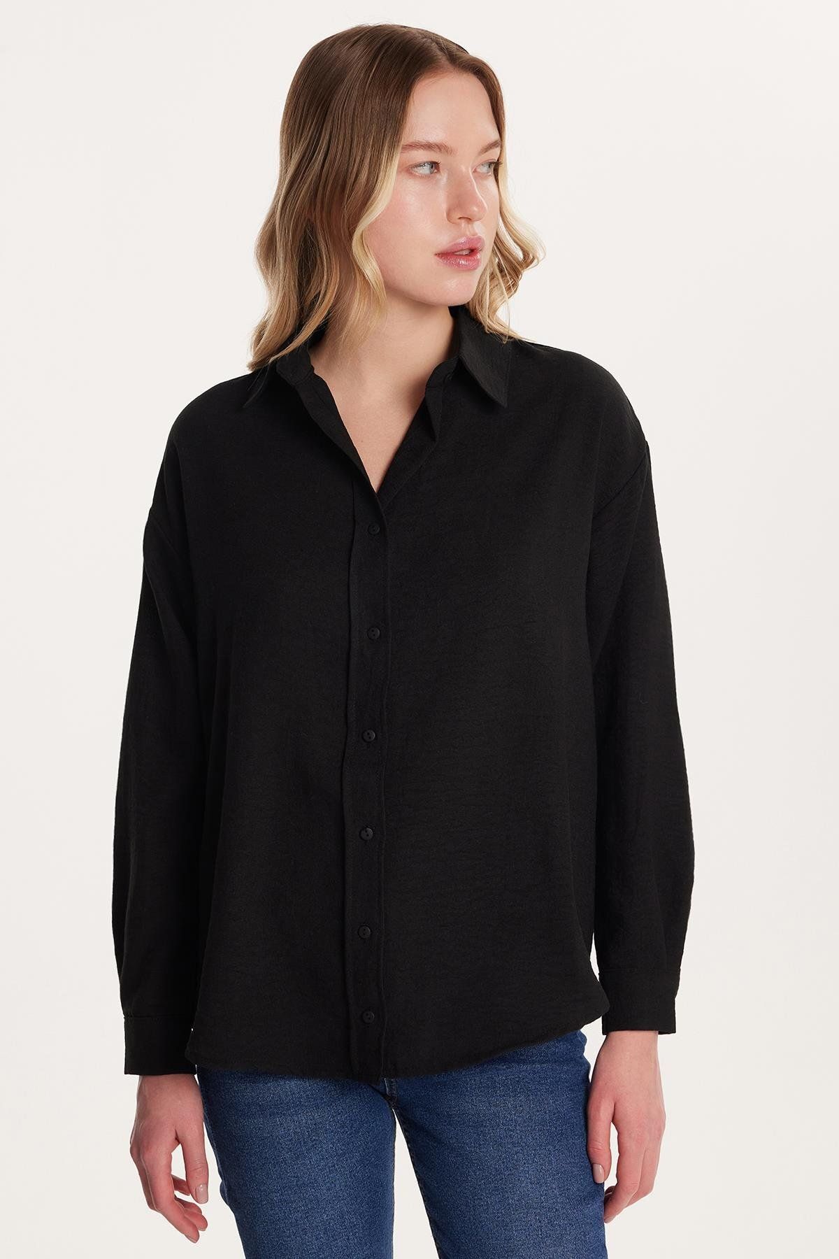 Tudors Kadın Slim Fit Dar Kesim Uzun Kollu Klasik Yaka Siyah Gömlek