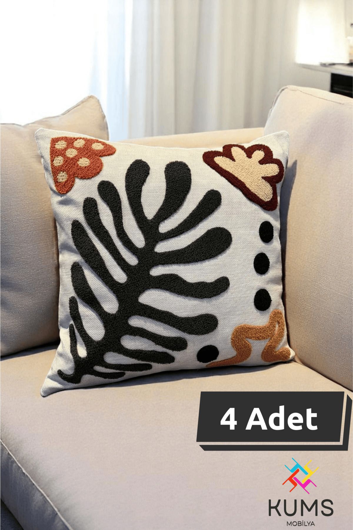KUMS 4 Adet Kaliteli Nakış Baskılı Kırlent Kılıfı – Sadece Kılıf, 45x45 cm