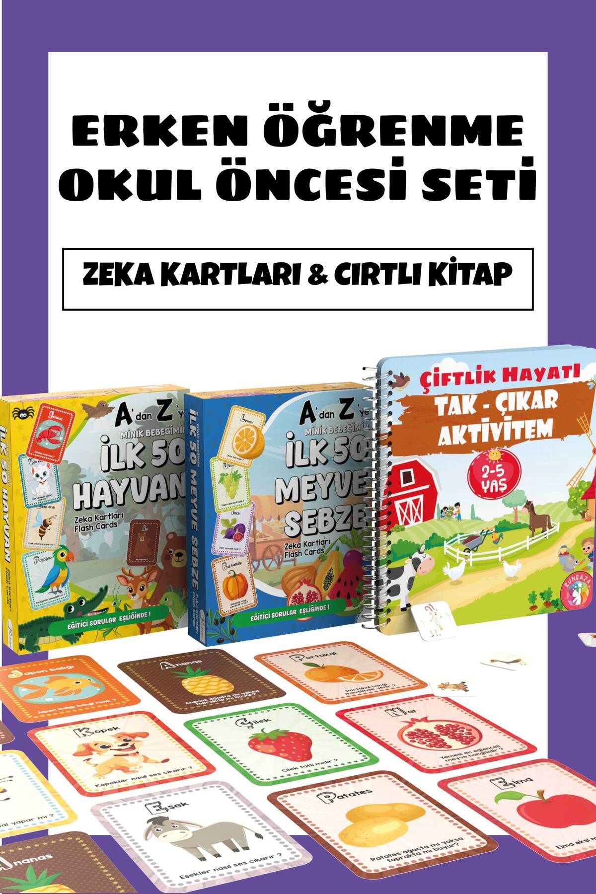 Bunbaza Okul Öncesi Erken Öğrenme Eğitici Set, Cırtlı Yapboz Kitap ve İlk Zeka Kartlarım Set 2