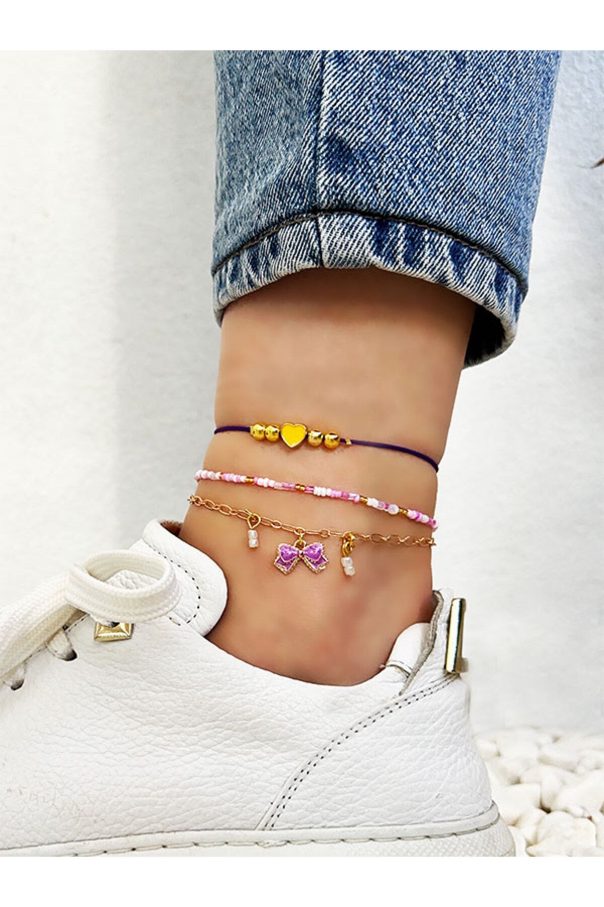 NevoAccessory Kurdela Charm Zincirli ve Ayarlanabilir 3'lü Halhal Set