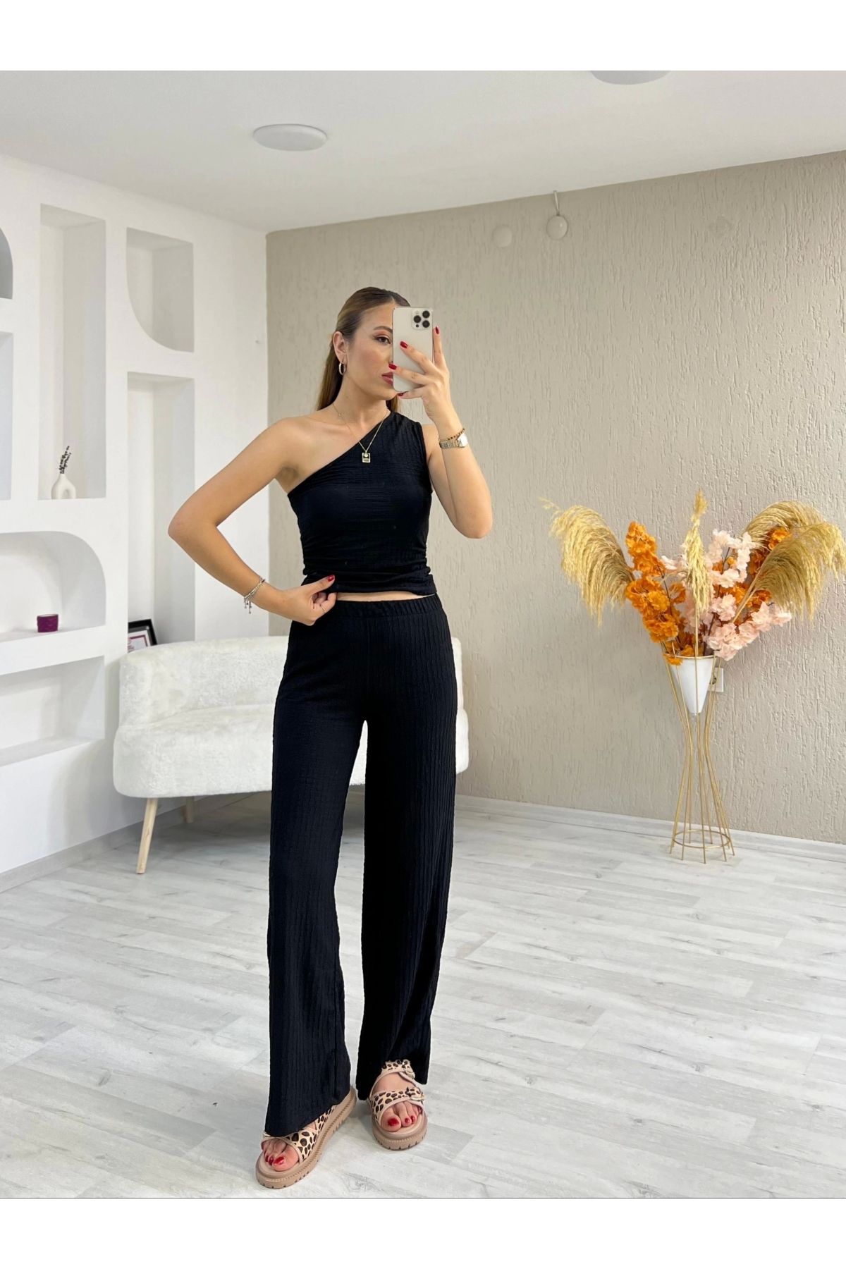 İrka Moda Zr Marka Tek Omuz Bubble Gofre Takım Siyah