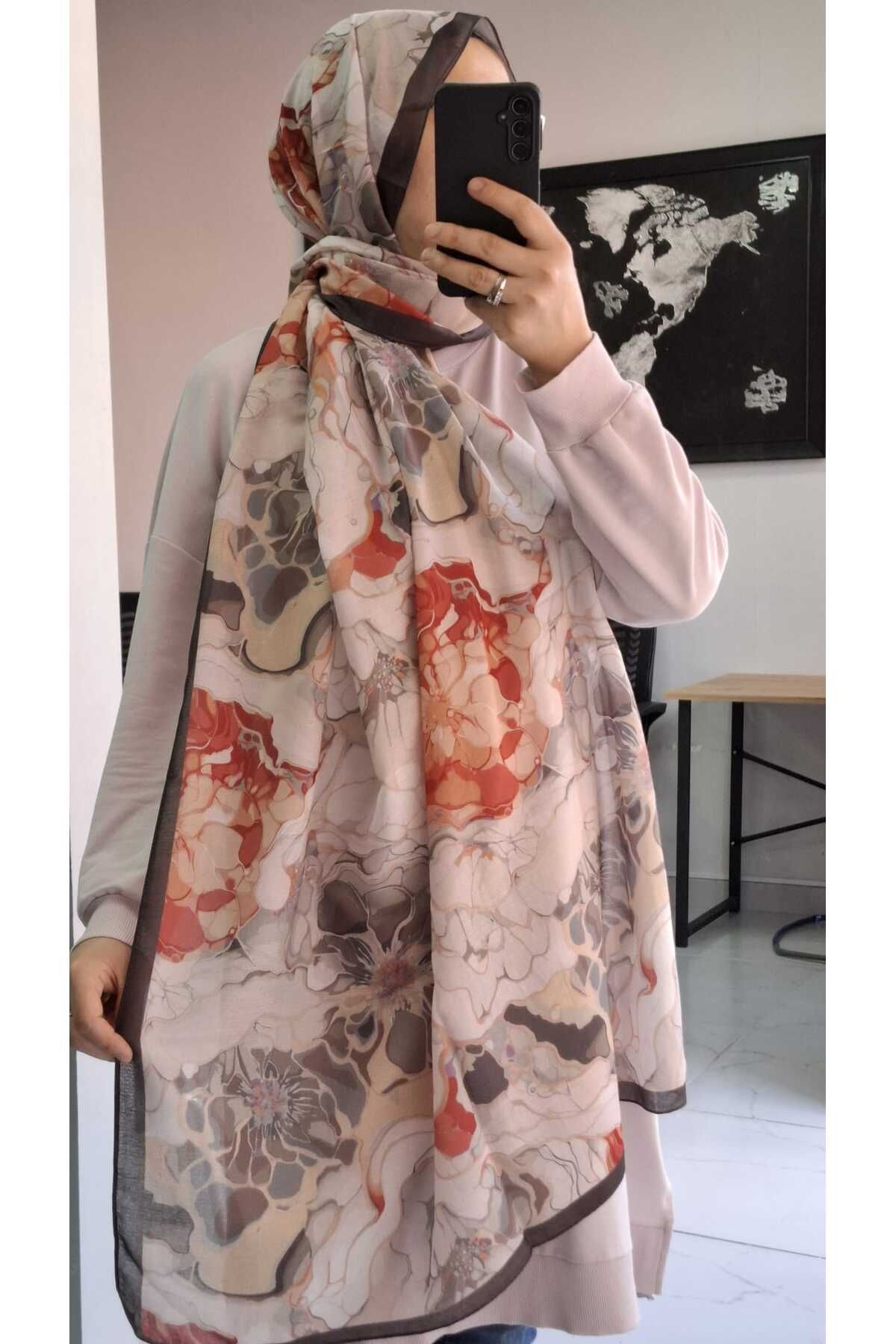 AMİNENESİL Aminenesil Floral Bej Turuncu Renk Şal