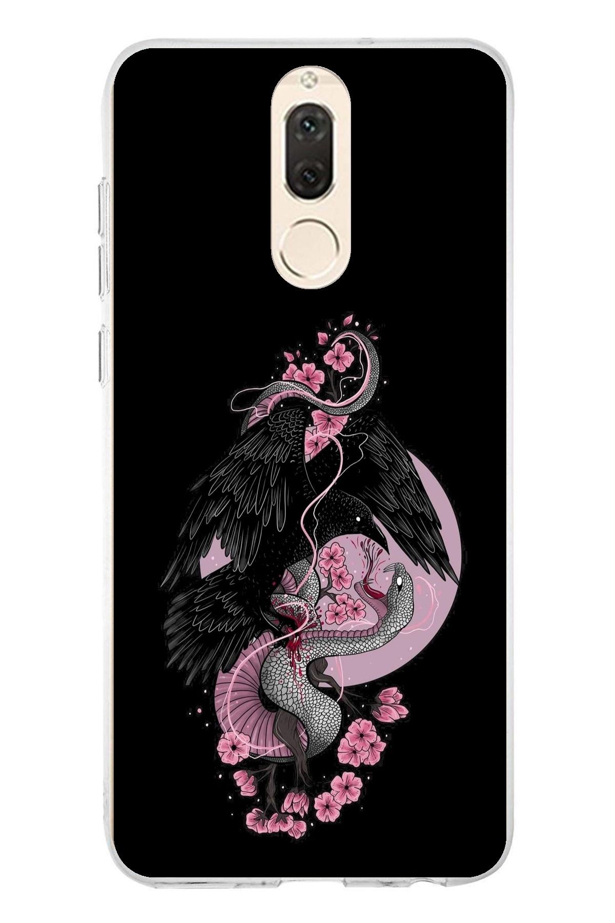 TechTree Huawei Mate 10 Lite Uyumlu Pembe Siyah Yılan Şeffaf Silikon Kılıf