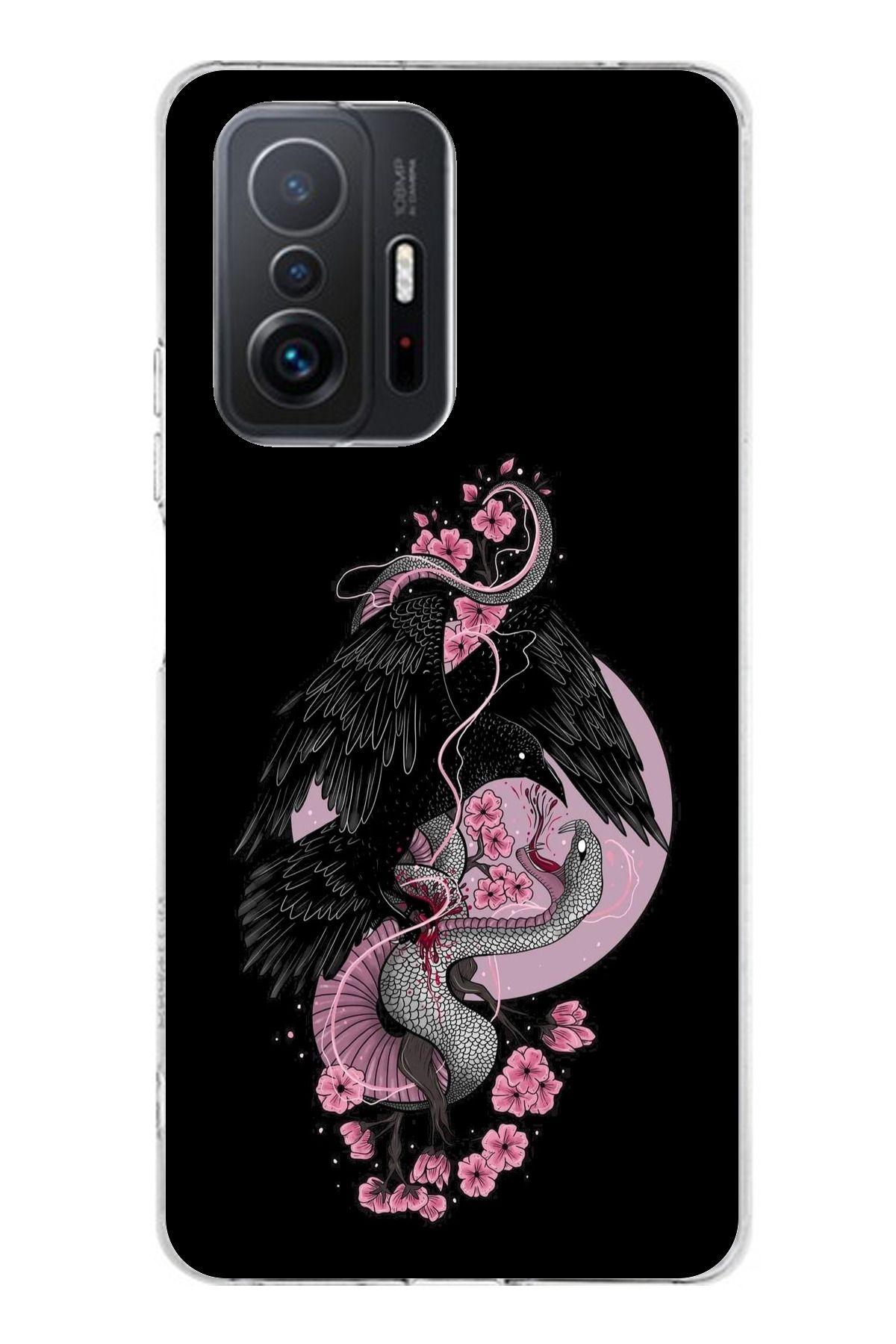 TechTree Mi 11T / 11T PRO Uyum Pembe Siyah Yılan Şeffaf Silikon Kılıf