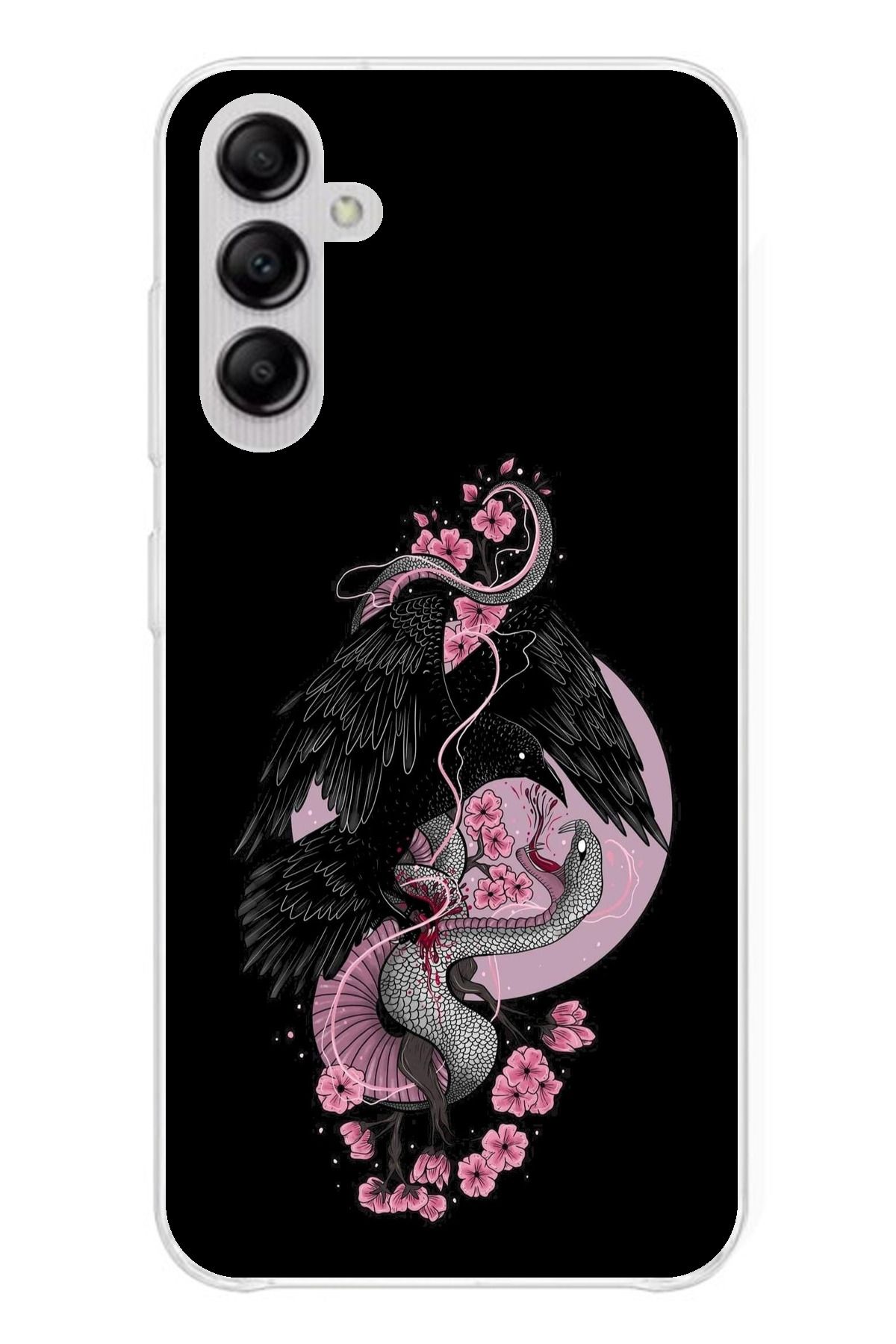 TechTree Samsung Galaxy A14 Uyumlu Pembe Siyah Yılan Şeffaf Silikon Kılıf