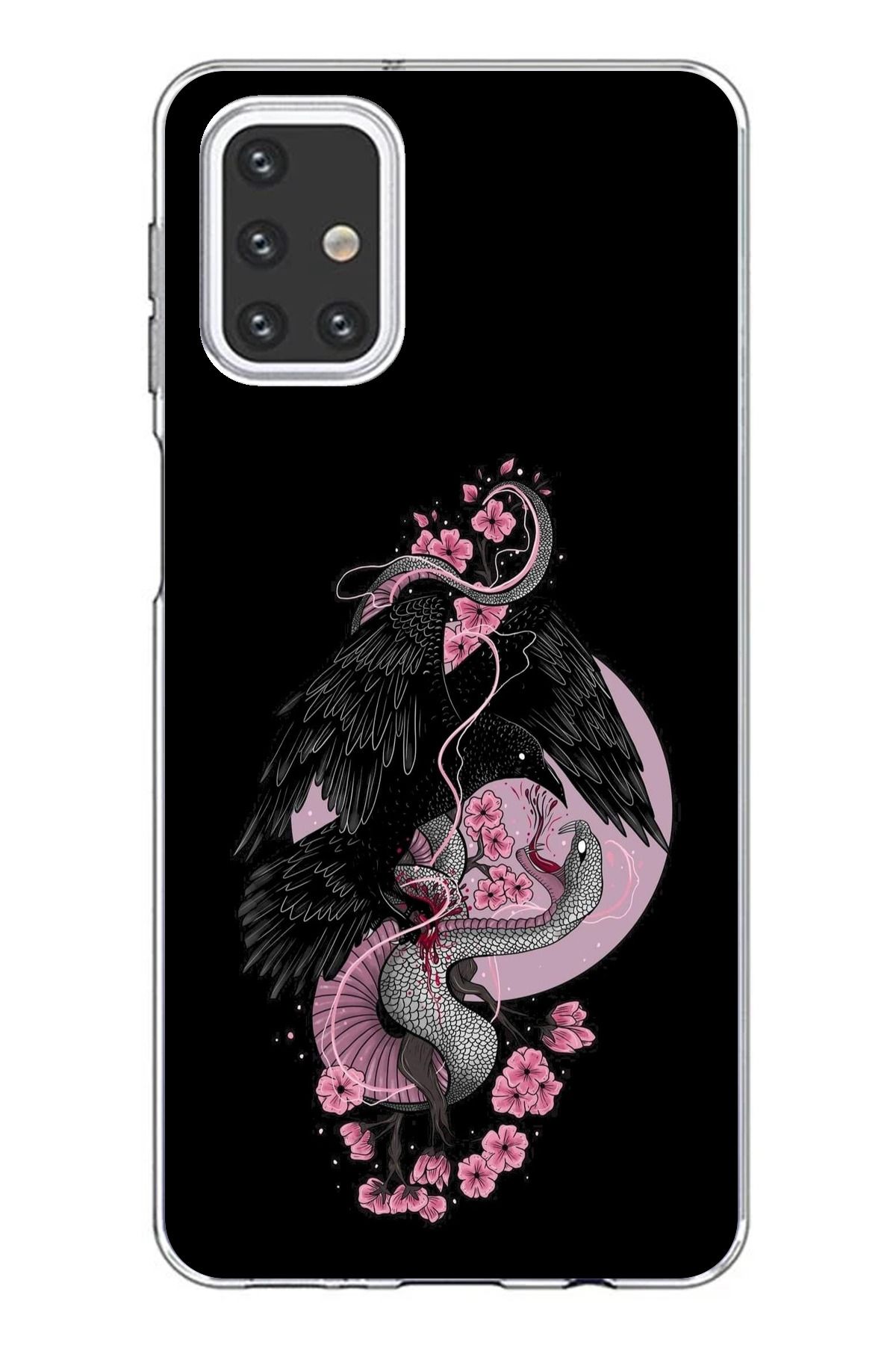TechTree Samsung Galaxy M31S Uyumlu Pembe Siyah Yılan Şeffaf Silikon Kılıf