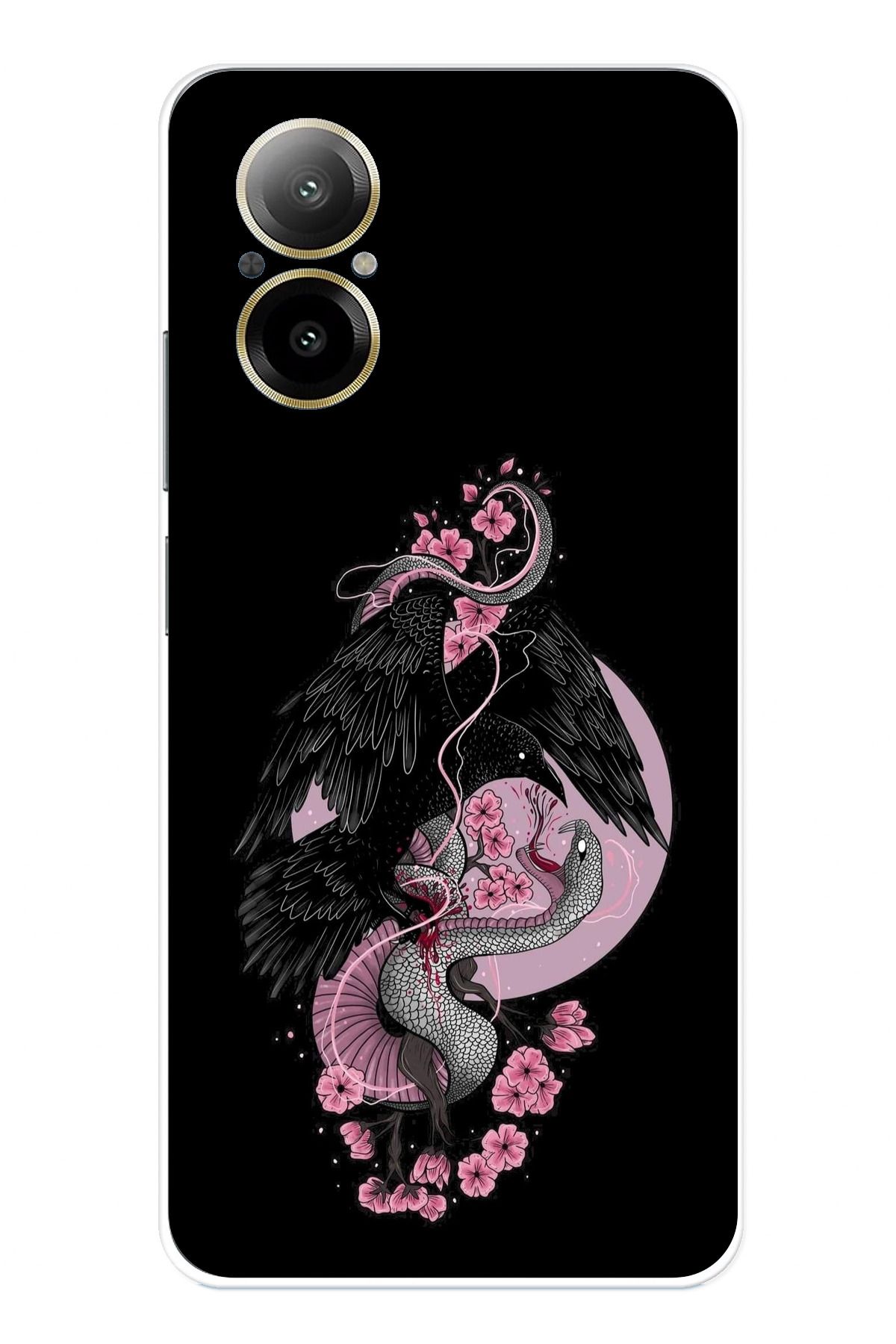 TechTree Realme 12 Lite Uyumlu Pembe Siyah Yılan Şeffaf Silikon Kılıf