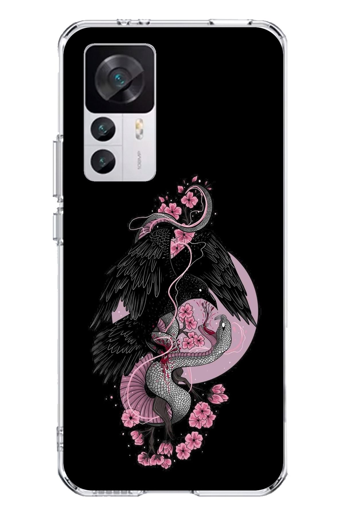 TechTree Xiaomi Mi 12T - 12T PRO Uyumlu Pembe Siyah Yılan Şeffaf Silikon Kılıf