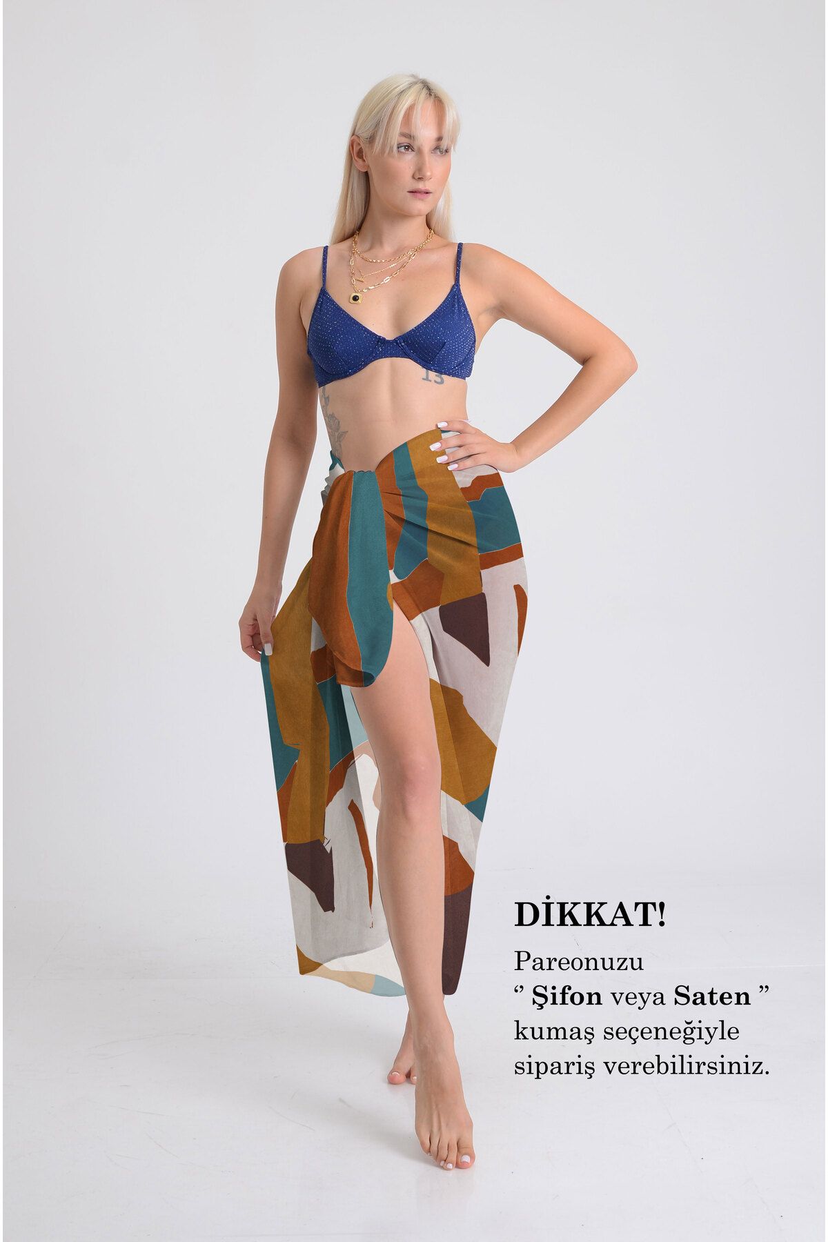 DESENİX Geometrik Desenli Pareo - 100x145 cm - İpeksi Şifon & Lüks Saten Kumaş Seçeneği - Plaj Elbisesi