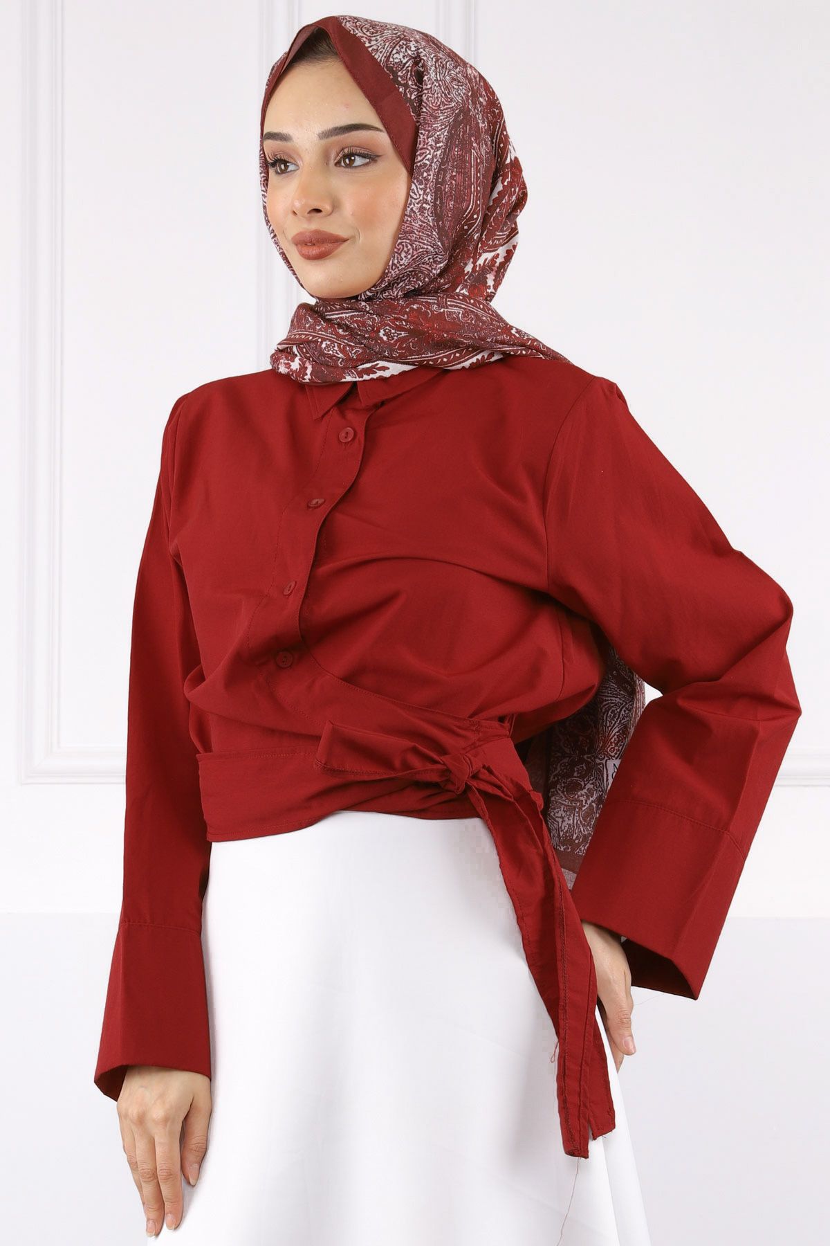 İmajButik Bordo Bel Bağlamalı Gömlek