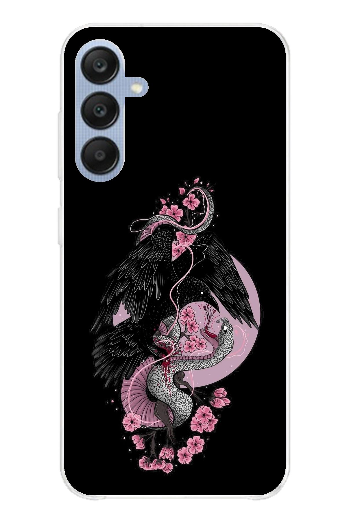 TechTree Samsung Galaxy A25 Uyumlu Pembe Siyah Yılan Şeffaf Silikon Kılıf