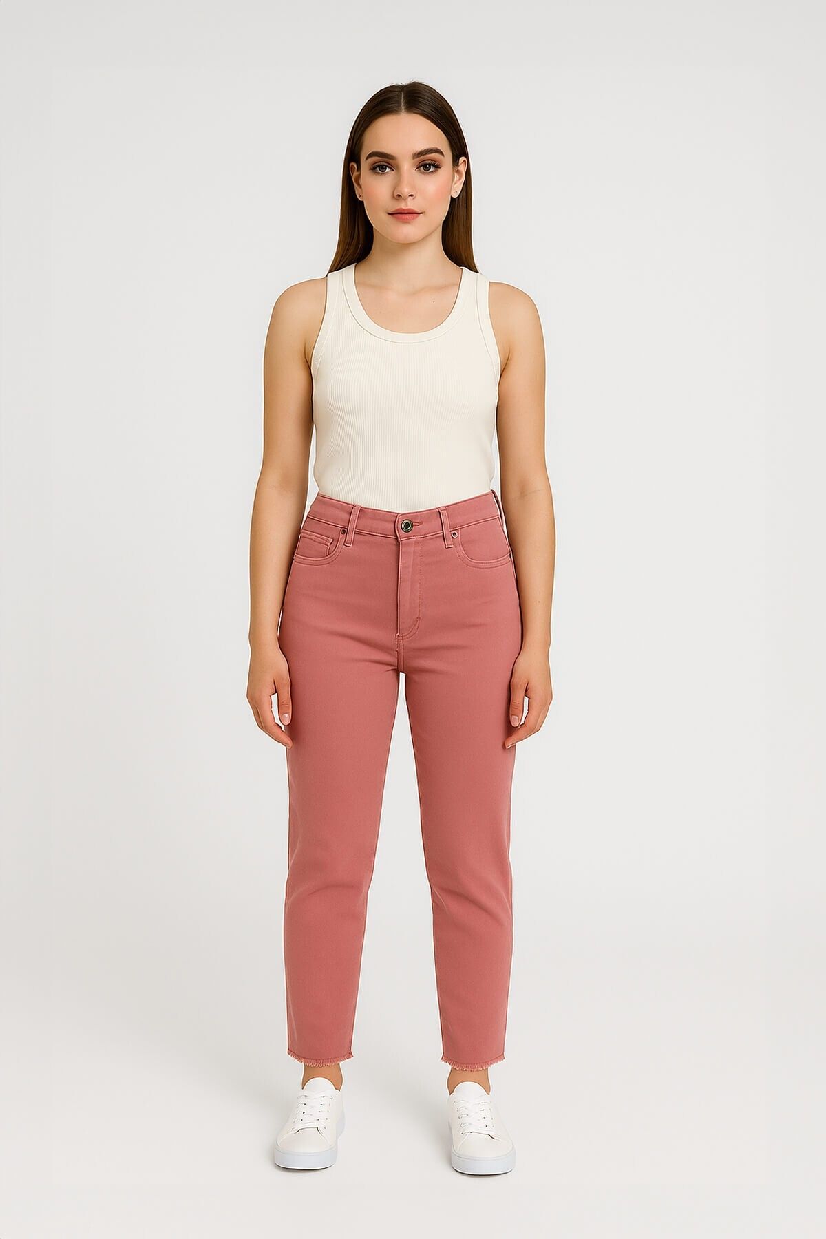 Bluewhite Kadın Paçası Püskül Detaylı Jean Pantolon Pembe