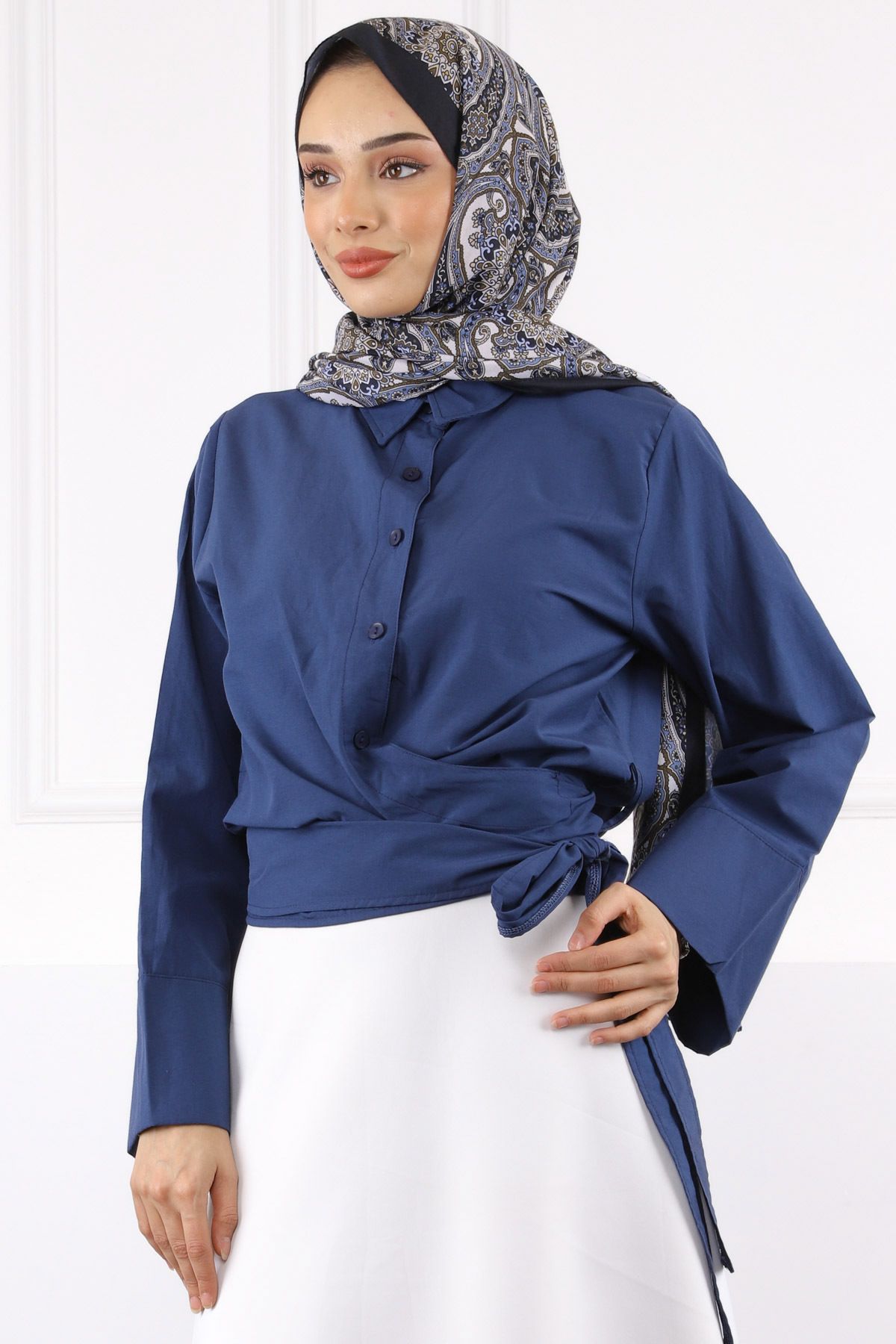 İmajButik Lacivert Bel Bağlamalı Gömlek