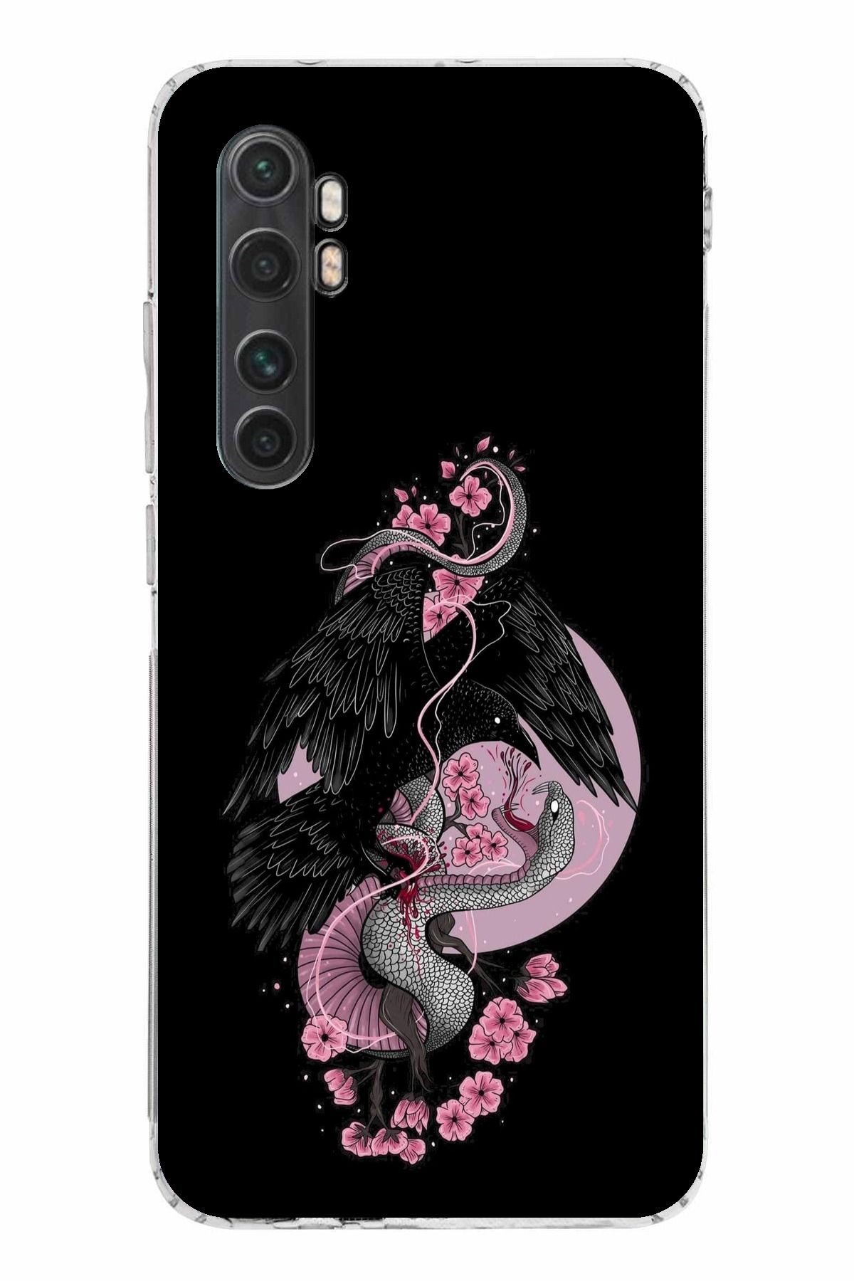 TechTree Mi Note 10 Lite Uyumlu Pembe Siyah Yılan Şeffaf Silikon Kılıf
