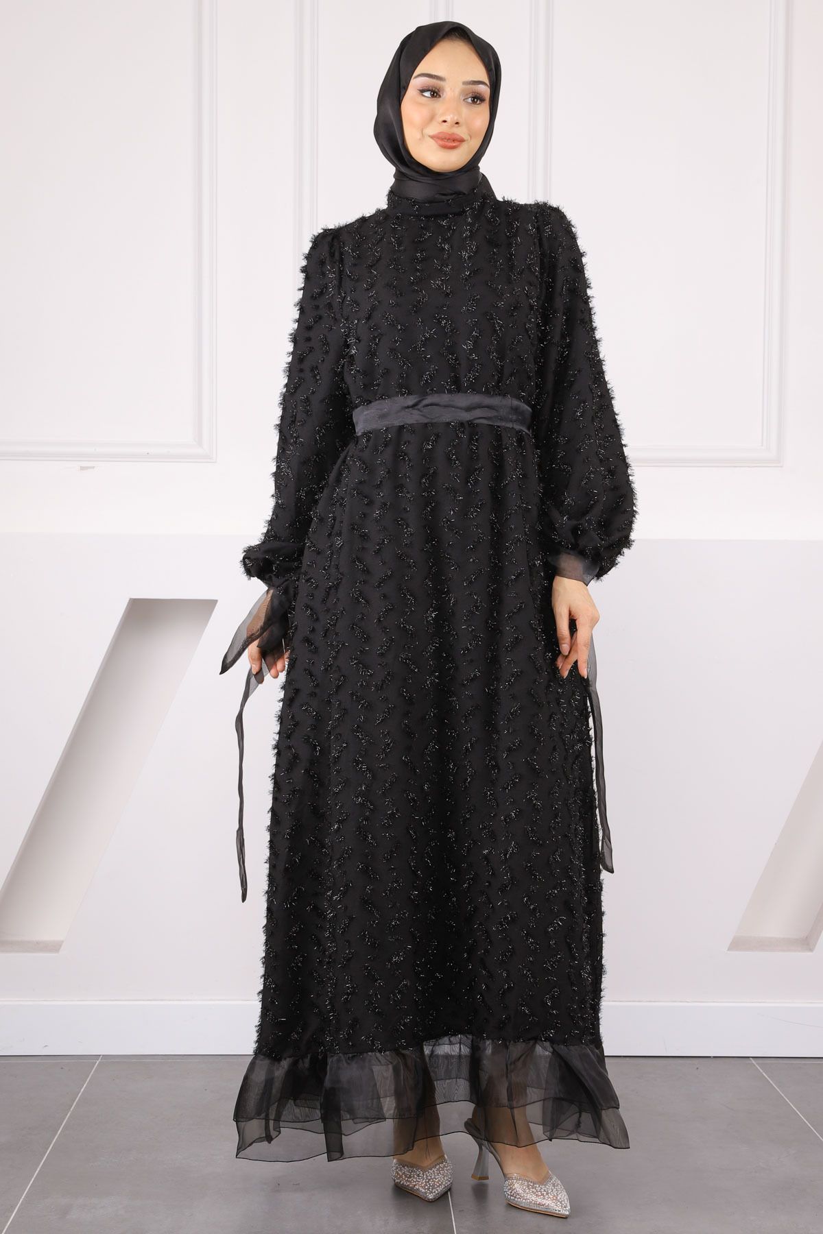 İmajButik Siyah Kol Bağlamalı Kuşaklı Abiye