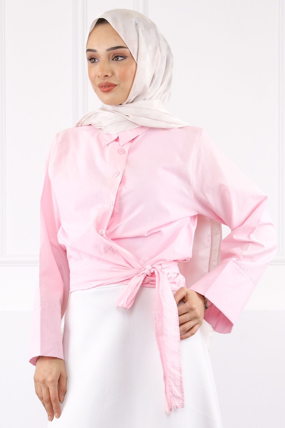 İmajButik Pembe Bel Bağlamalı Gömlek