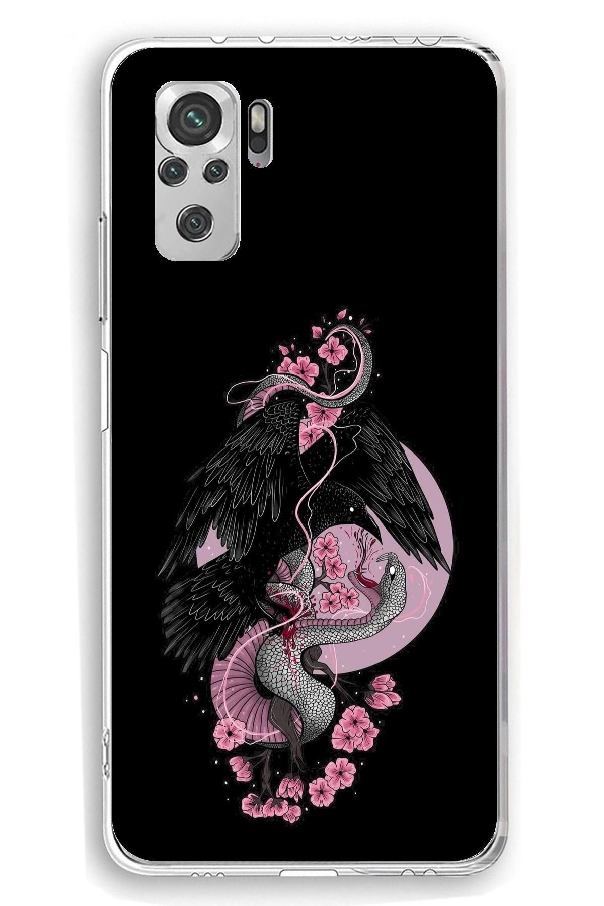 TechTree Redmi Note 10 / 10S Uyumlu Pembe Siyah Yılan Şeffaf Silikon Kılıf