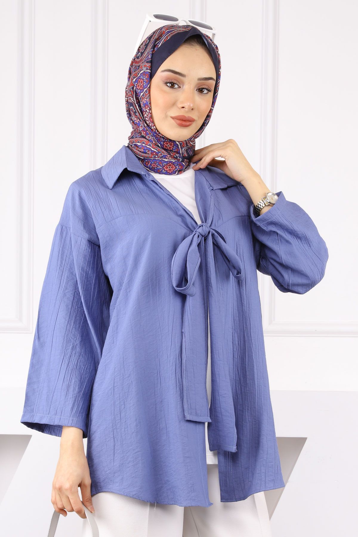 İmajButik İndigo Ön Bağlamalı İçlikli Kimono 2'li Takım
