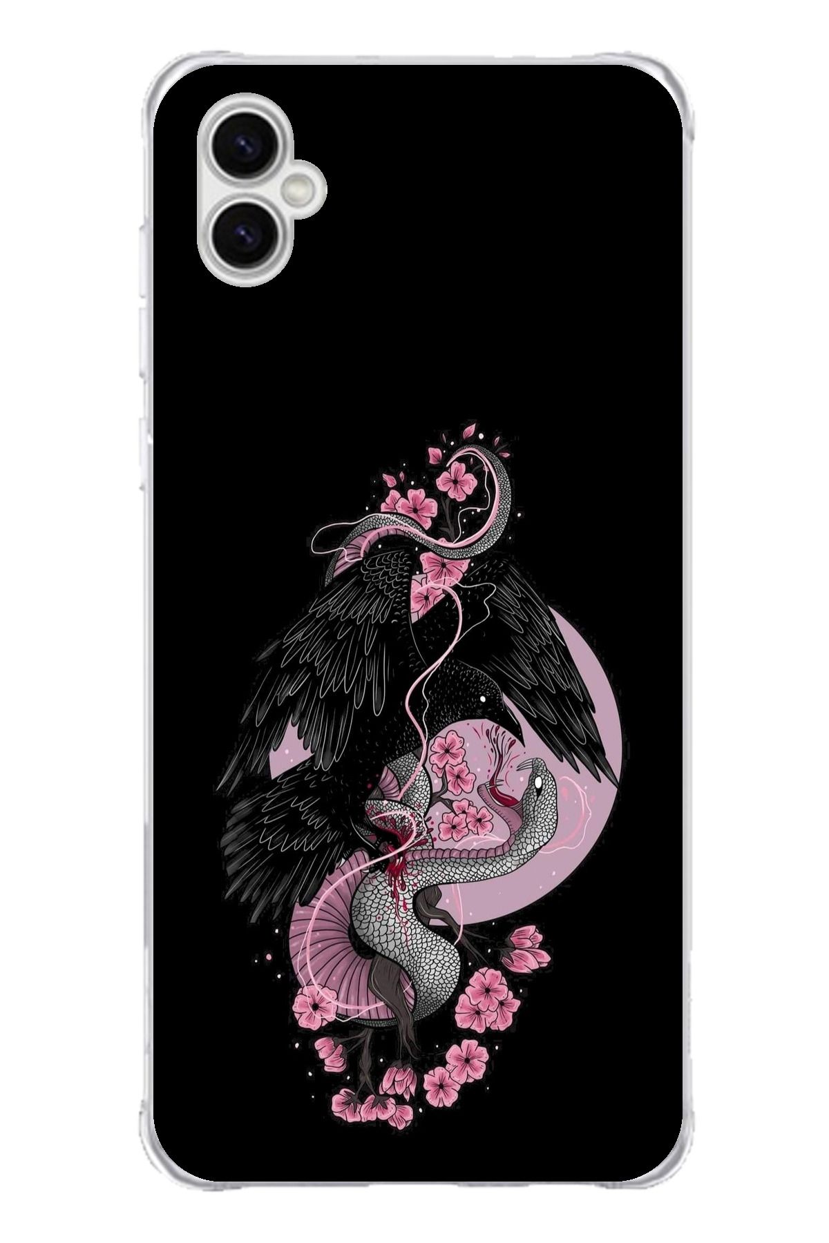 TechTree Samsung Galaxy A04 Uyumlu Pembe Siyah Yılan Şeffaf Silikon Kılıf