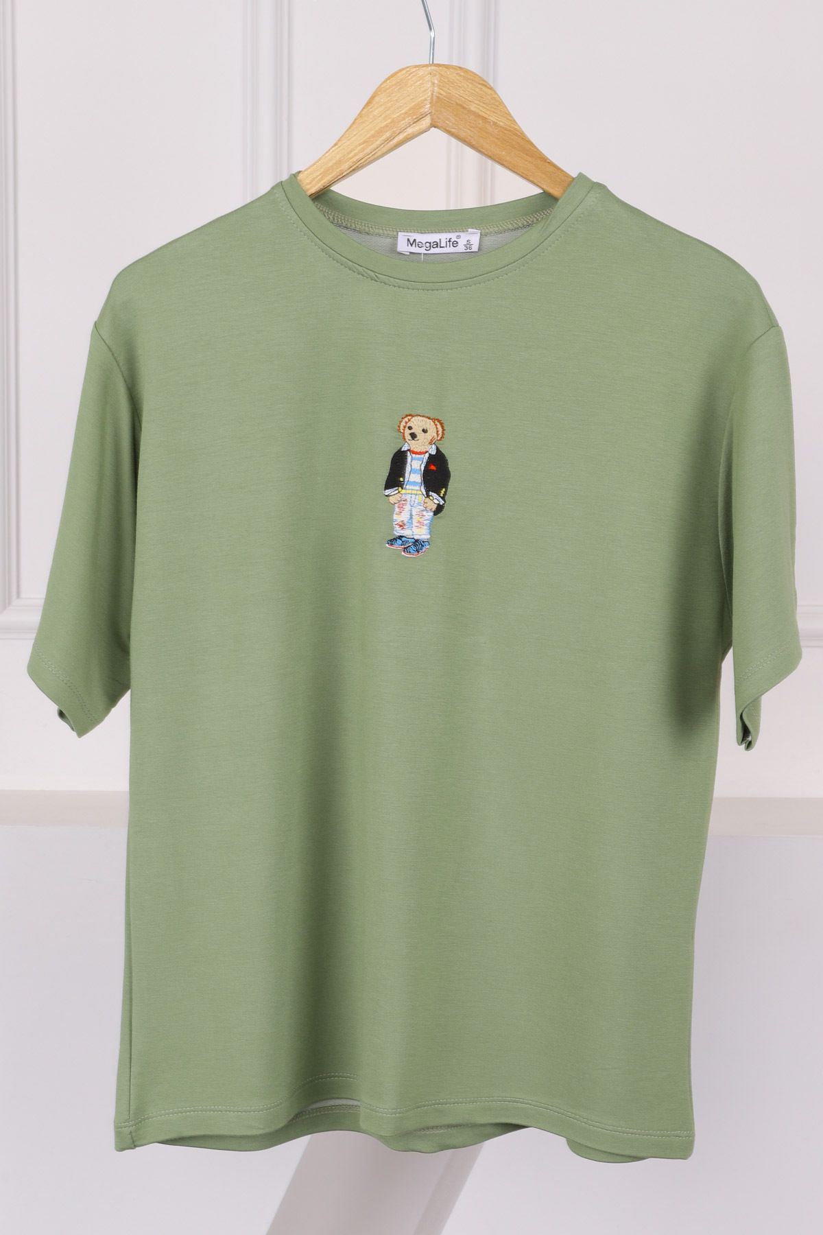 İmajButik Haki Nakışlı Modal Kısa Kol T-Shirt
