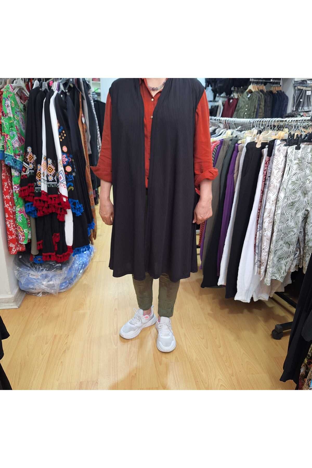 NUR TEKSTİL kadın siyah fitili yazlık yazlık midi boy yelek