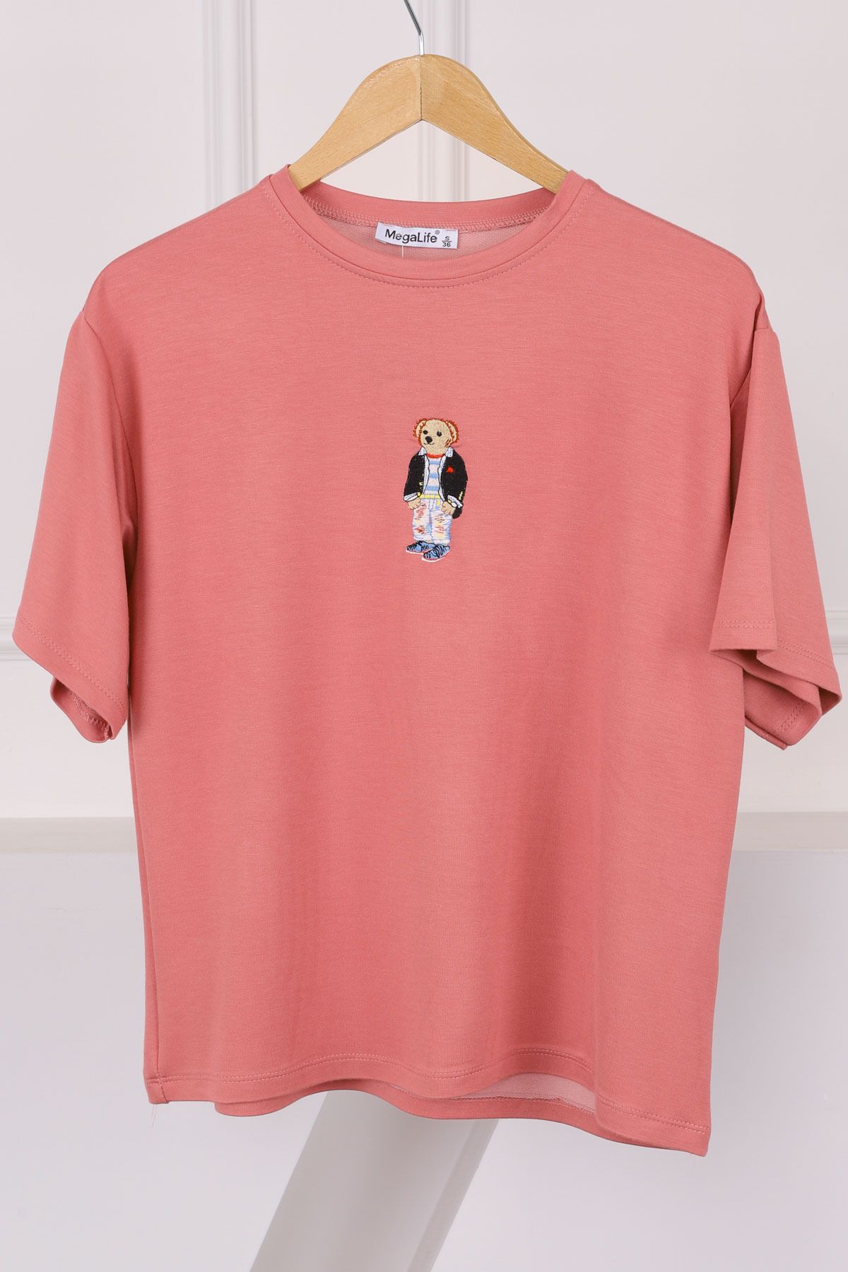 İmajButik Gül Kurusu Nakışlı Modal Kısa Kol T-Shirt